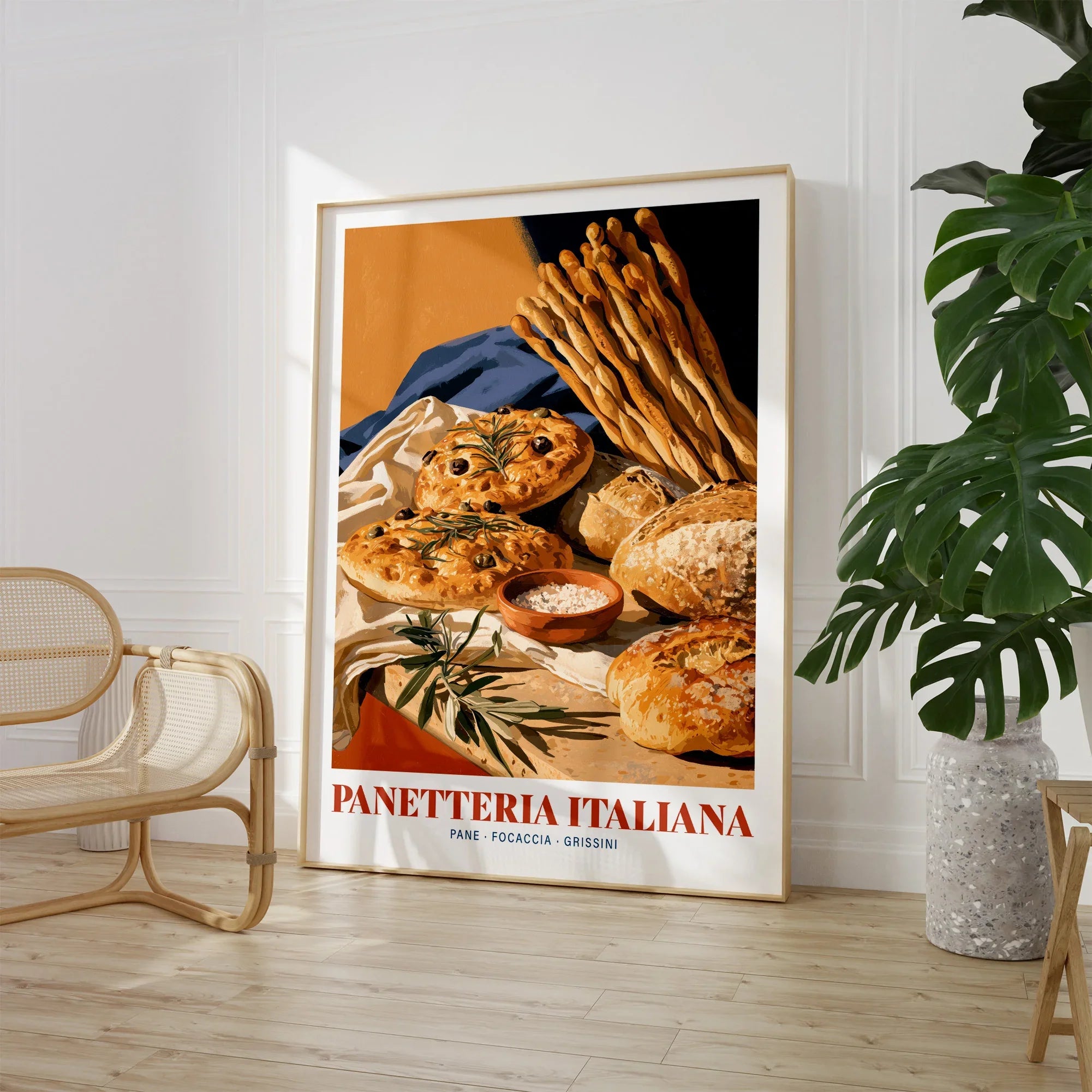 Italian Panetteria Bakery Wall Art - large framed print room setting chair plant