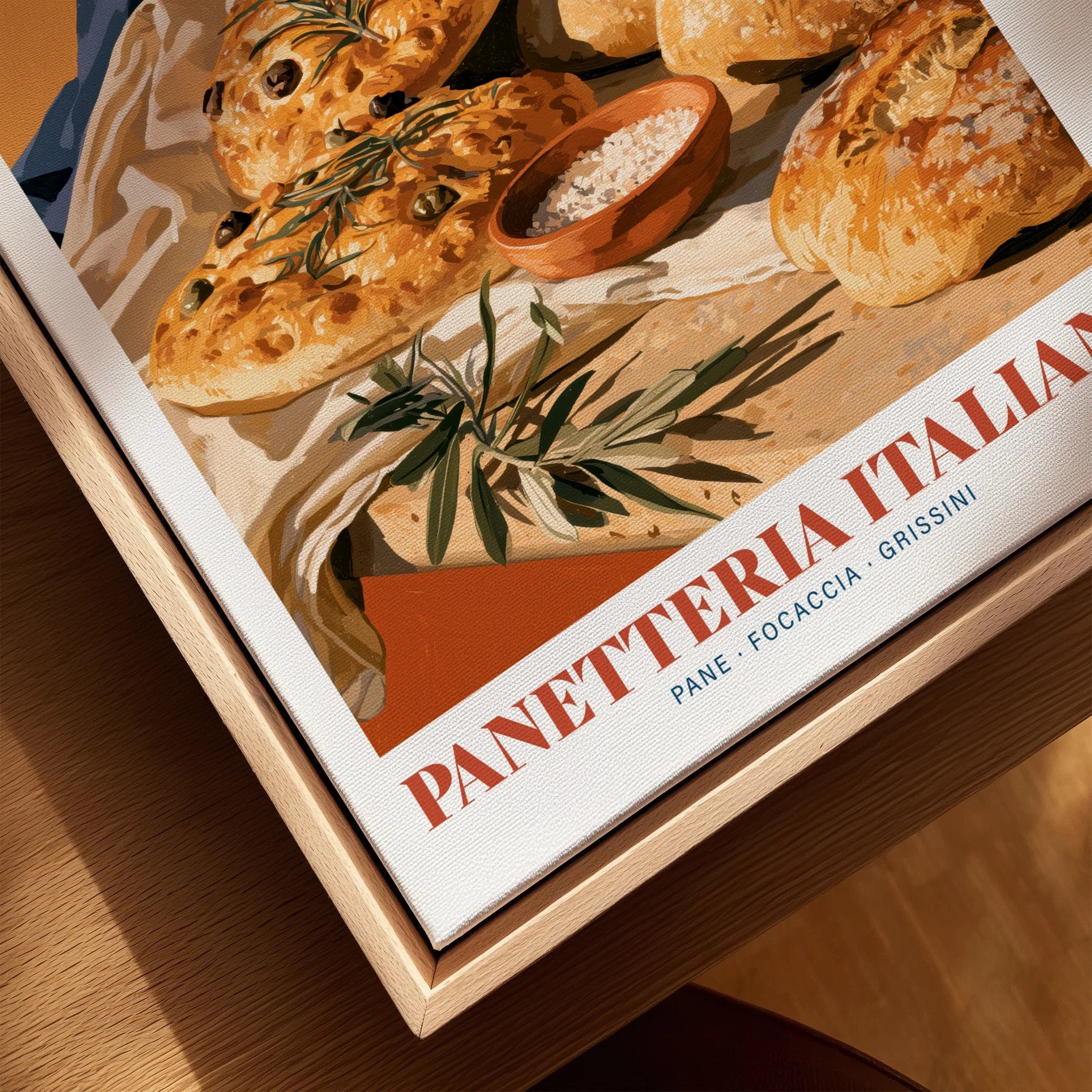 Italian Panetteria Bakery Wall Art - closeup framed canvas natural wood floating frame