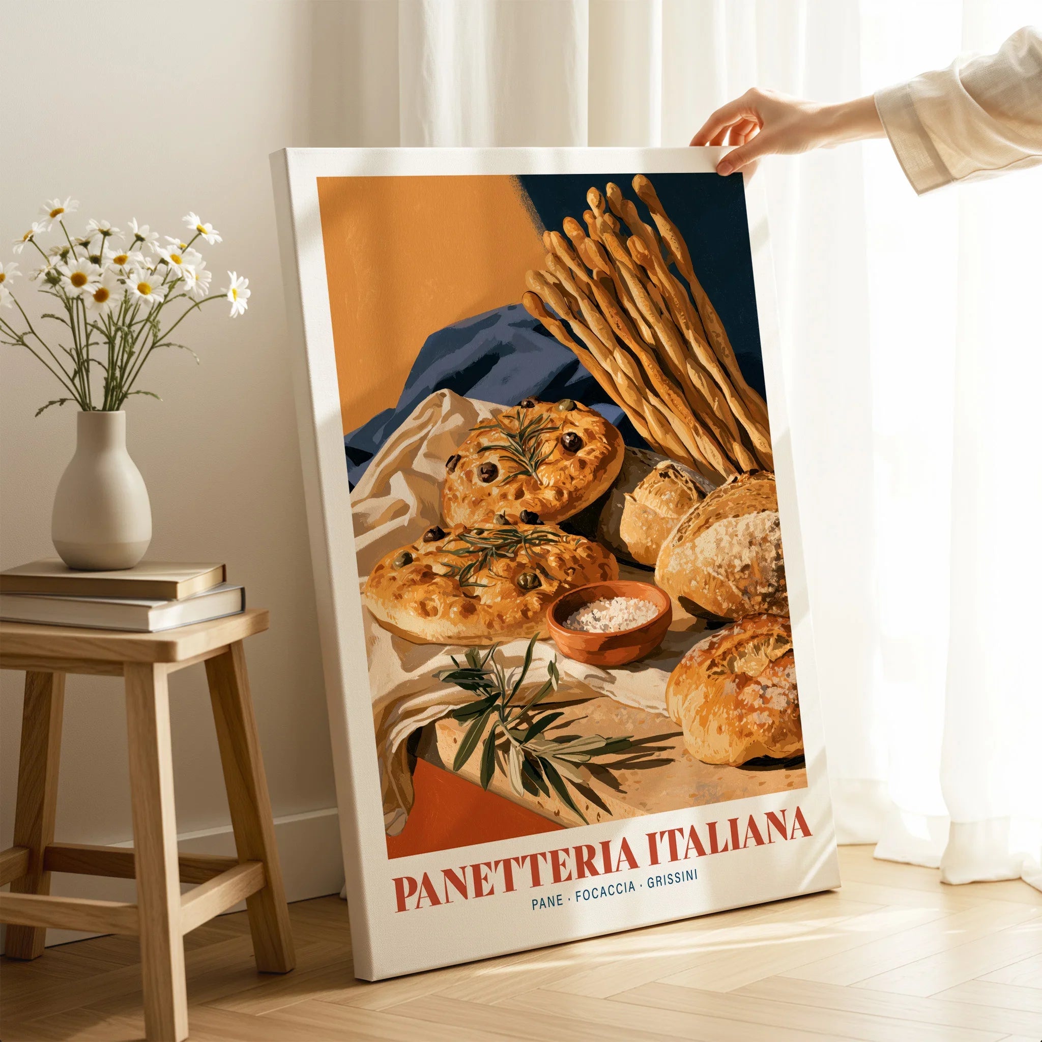 Italian Panetteria Bakery Wall Art - canvas print mirror edge hand holding room setting