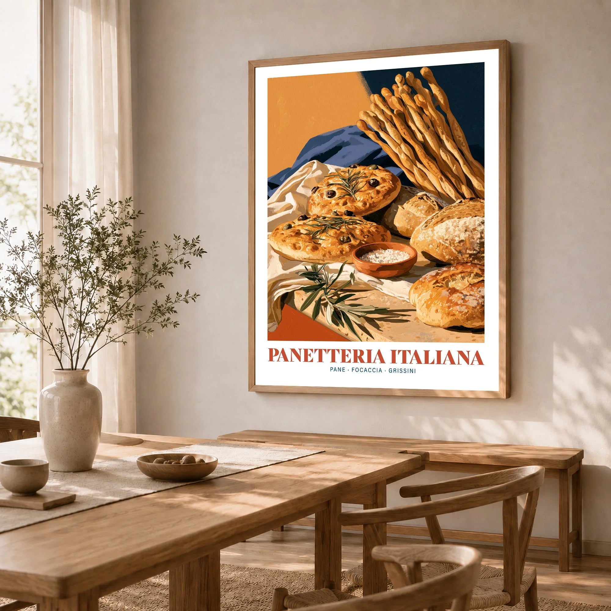 Italian Panetteria Bakery Wall Art - dining room framed print natural wood frame mockup ThisArtWorld