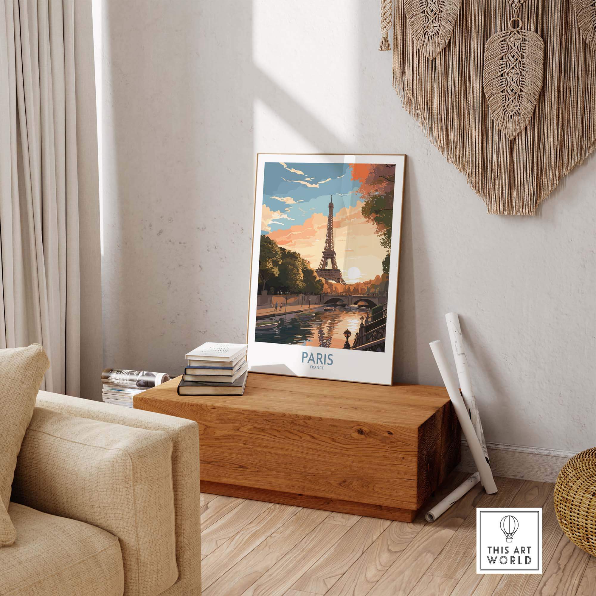 Paris art print featuring the Eiffel Tower at sunset, displayed in a stylish living room setting.