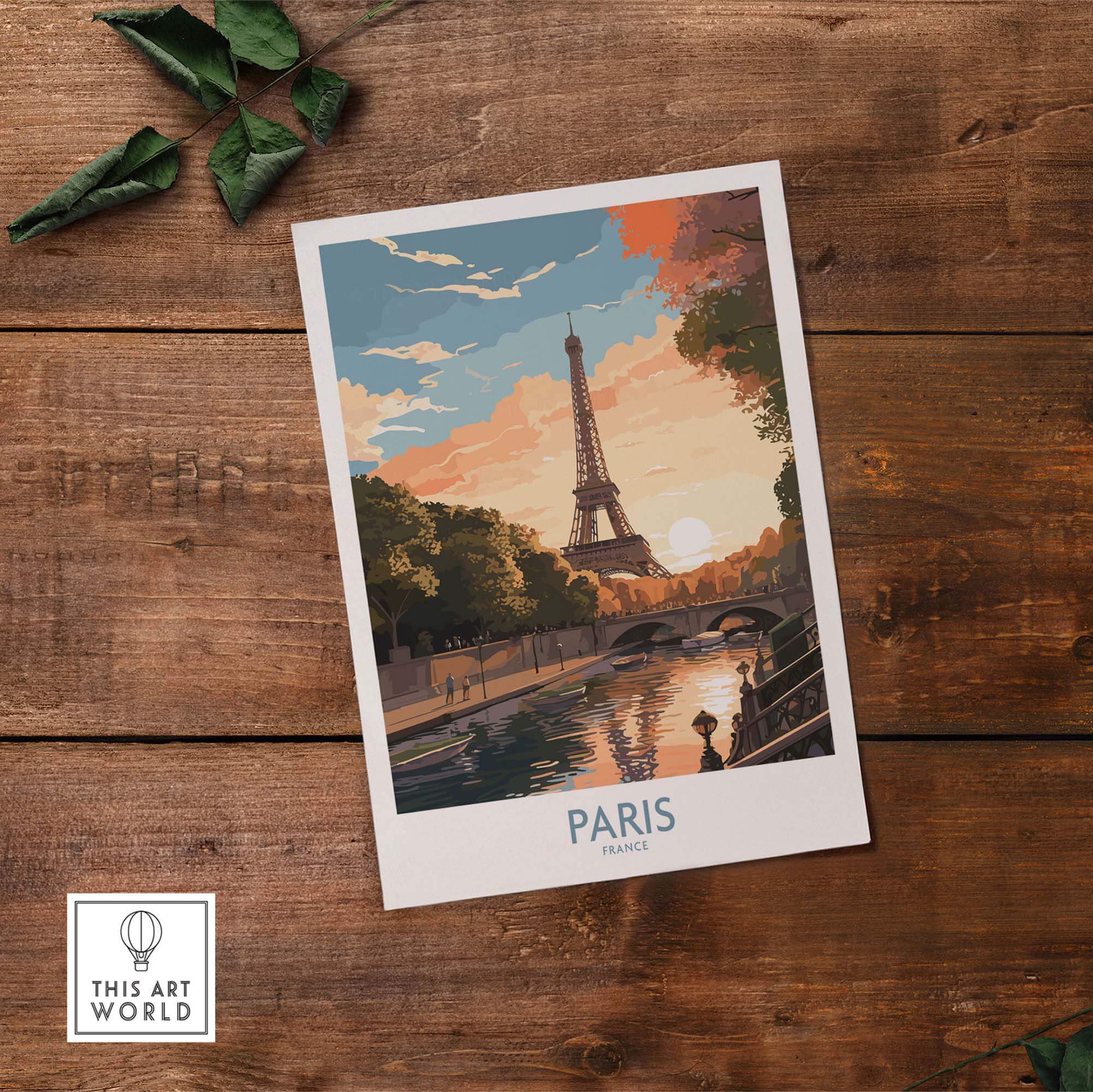 Paris art print featuring Eiffel Tower at sunset, perfect for home décor and gifts for Paris lovers.
