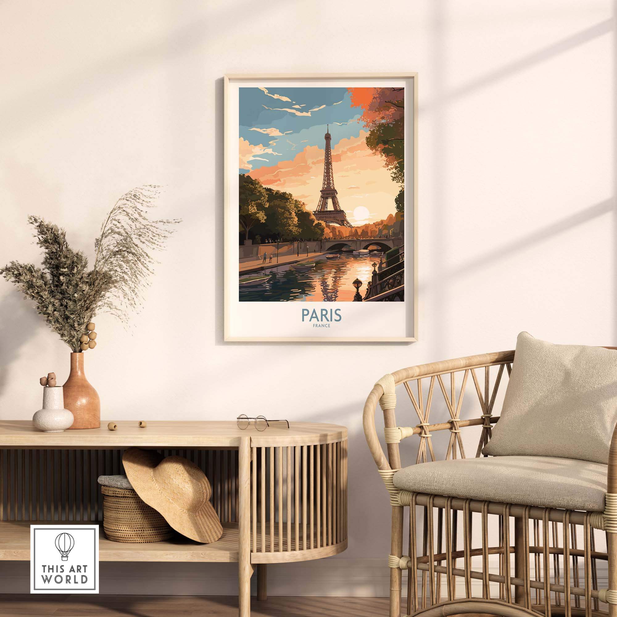 Framed Paris Art Print featuring a sunset view of the Eiffel Tower in a stylish interior setting.