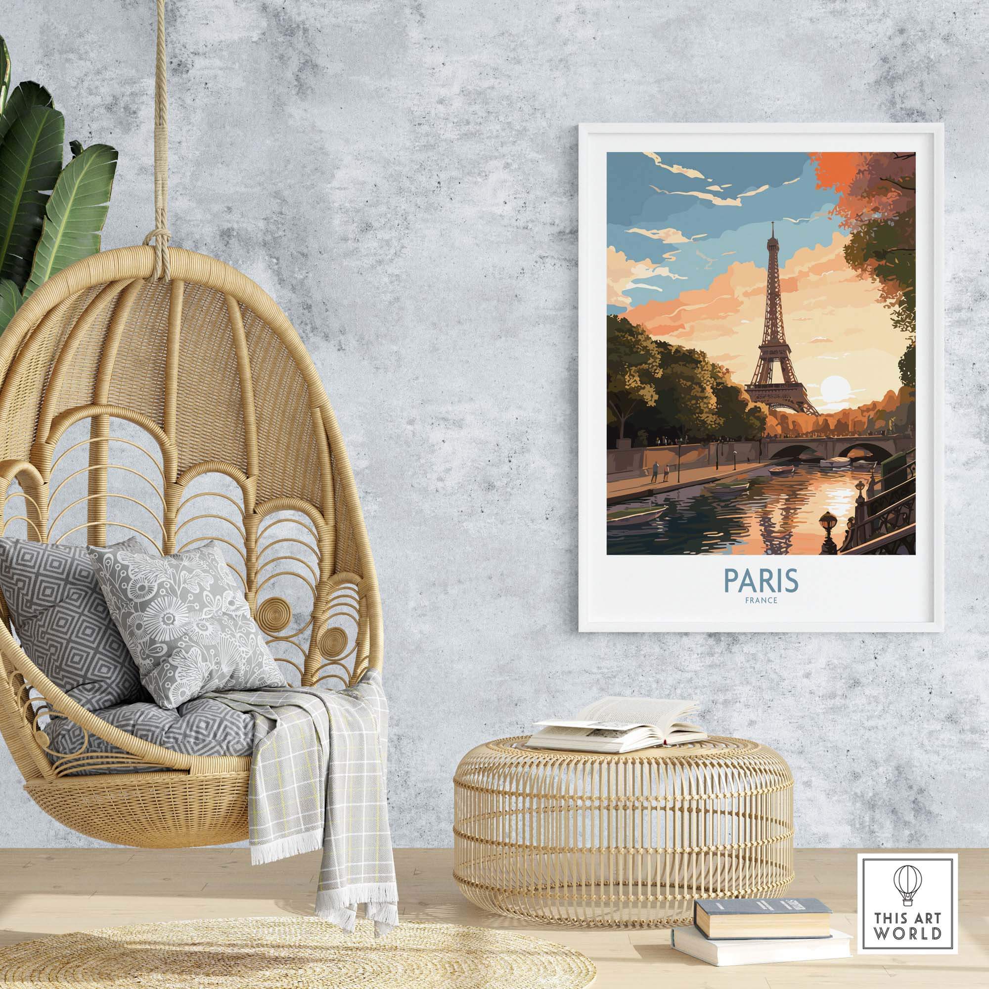 Paris art print featuring the Eiffel Tower at sunset in a stylish home setting with a hanging chair and decor.