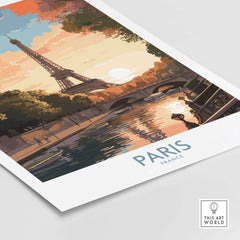 Paris art print featuring a vibrant sunset over the Eiffel Tower and River Seine, perfect for decor enthusiasts.