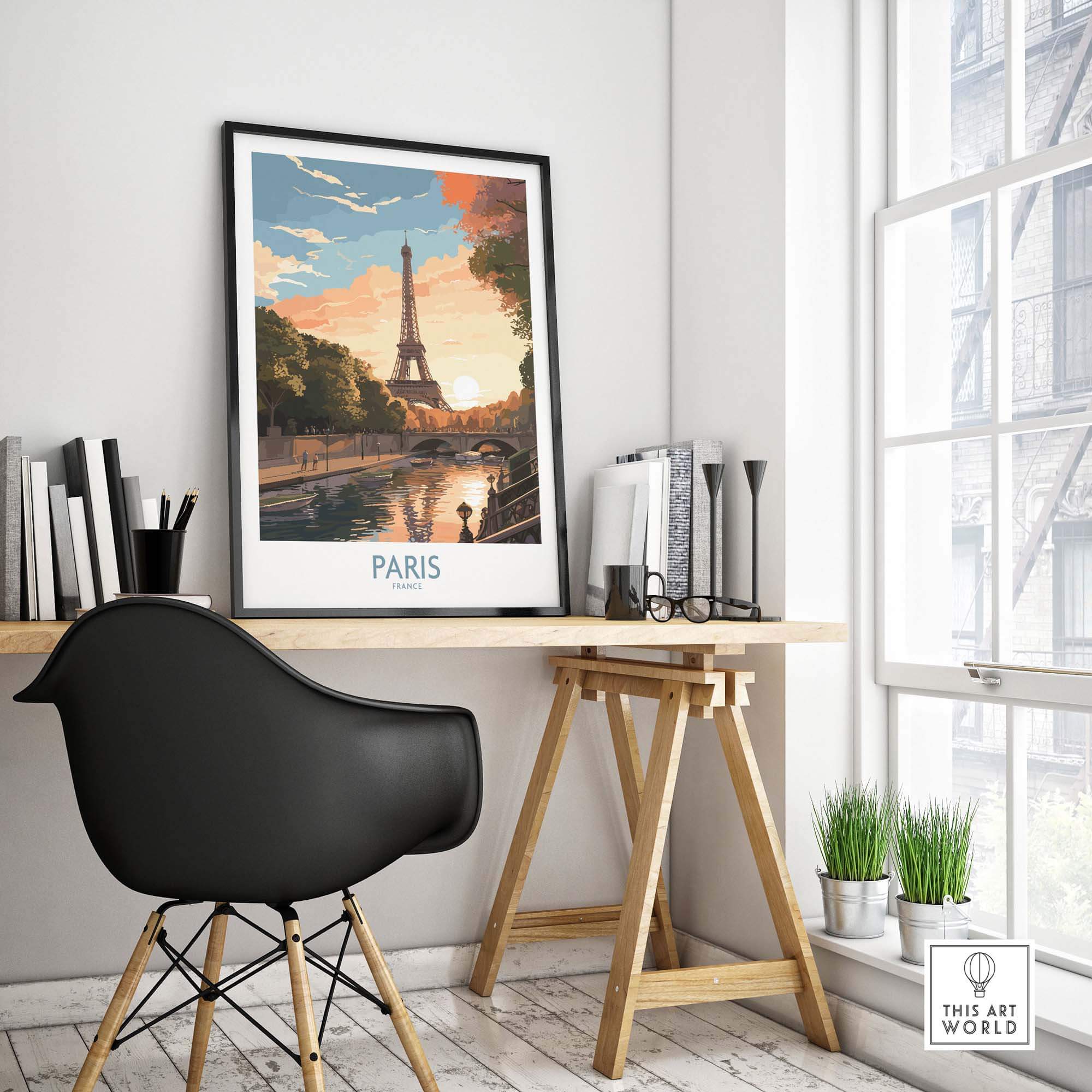 Paris art print featuring the Eiffel Tower and a vibrant sunset, displayed in a stylish home office setting.
