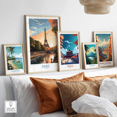 Framed Paris Art Print featuring Eiffel Tower, alongside travel prints from Beijing, Costa Rica, and the Philippines.