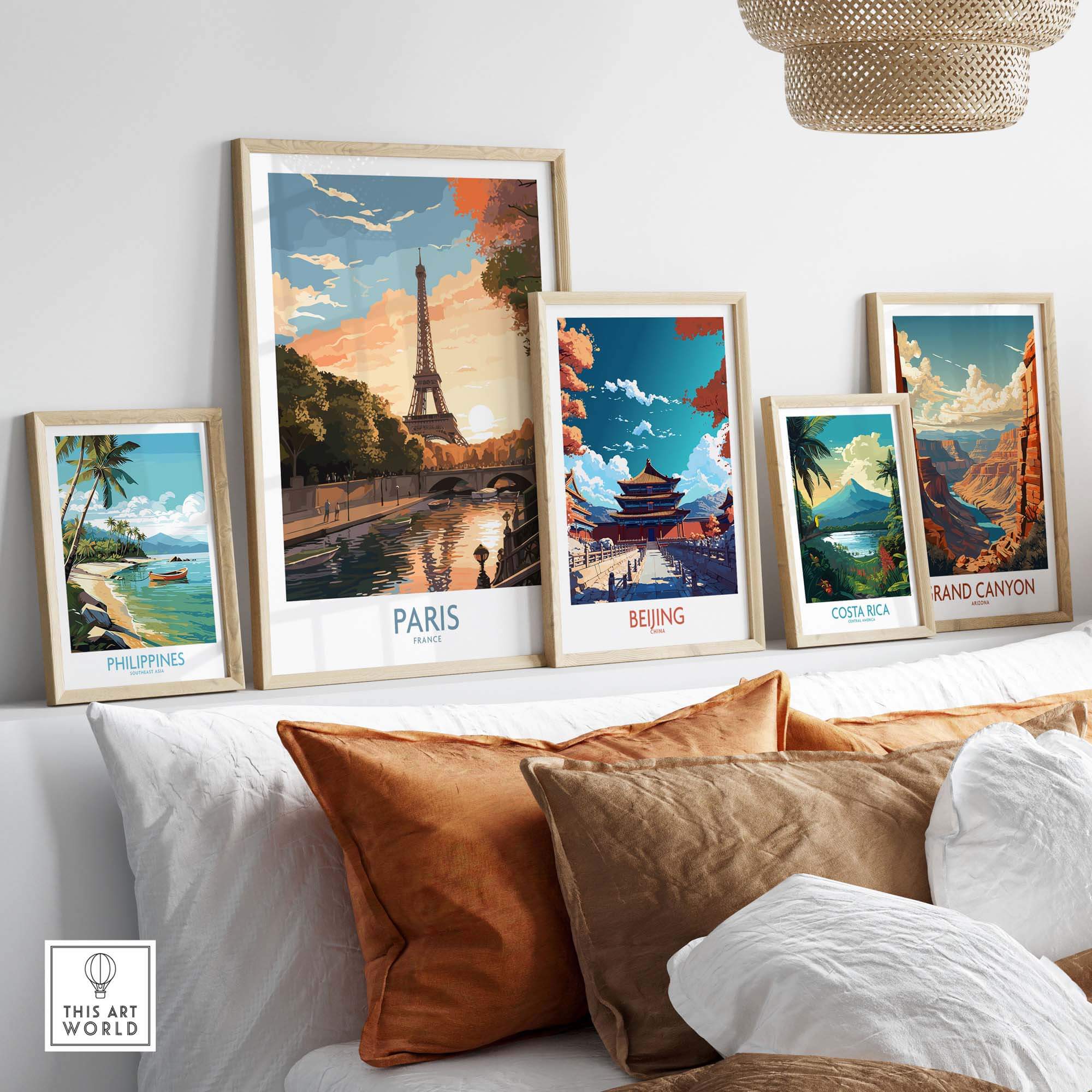 Framed Paris Art Print featuring Eiffel Tower, alongside travel prints from Beijing, Costa Rica, and the Philippines.