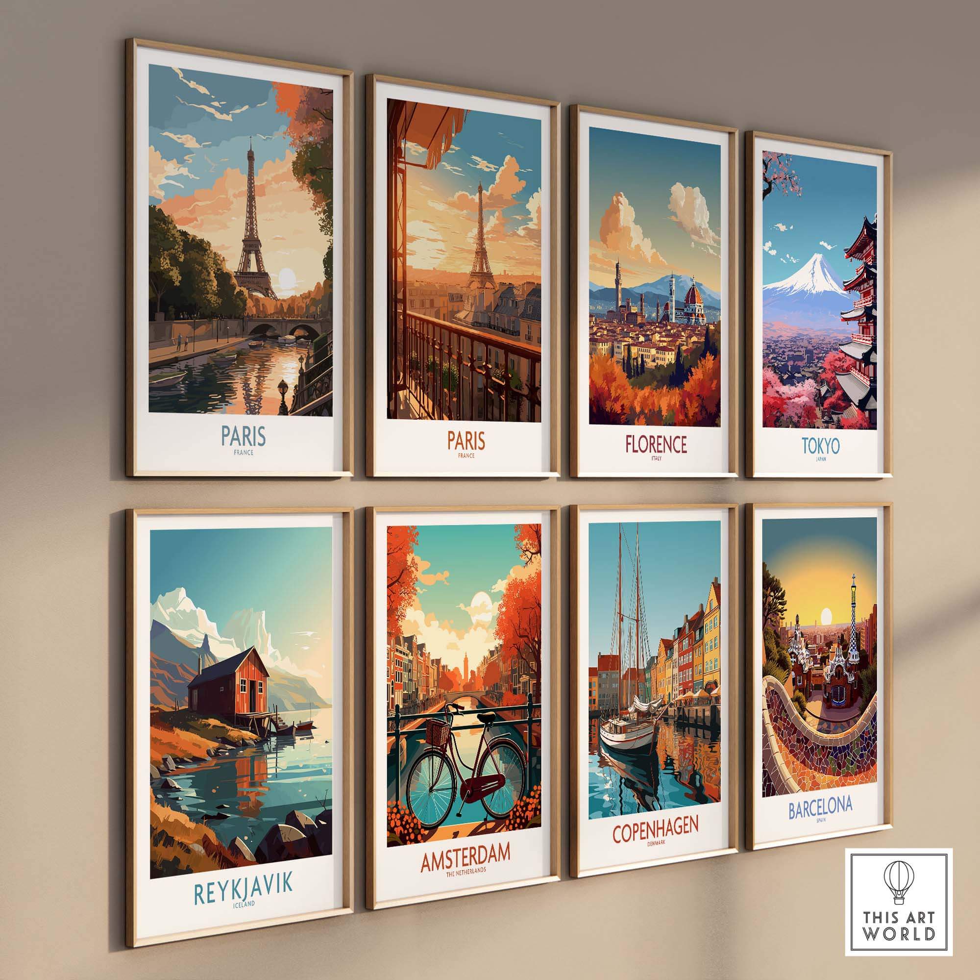 Collection of vibrant travel art prints featuring Paris, Florence, Tokyo, Amsterdam, Copenhagen, Reykjavik, and Barcelona.