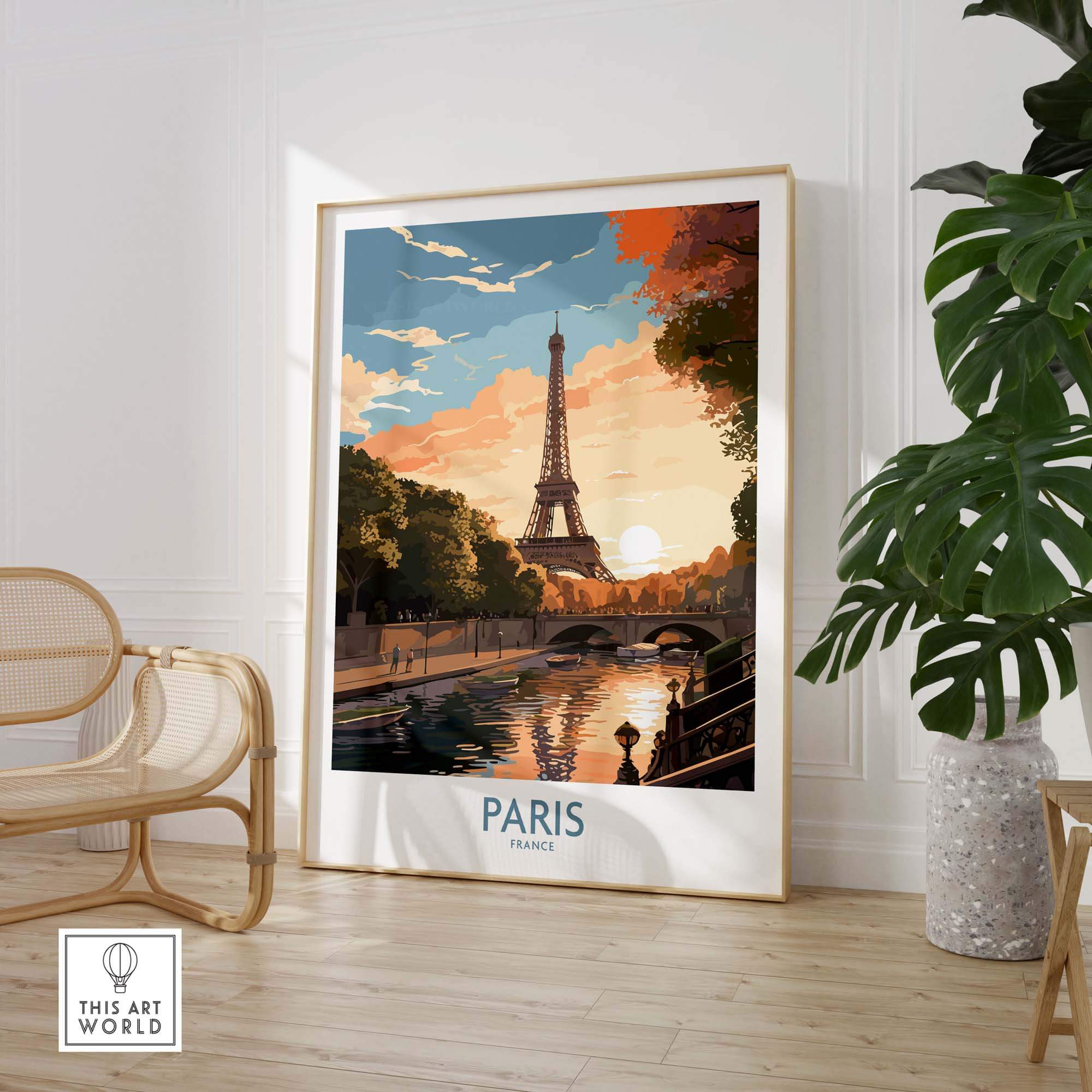 Stunning Paris art print featuring the Eiffel Tower and vibrant sunset in a stylish room setting.