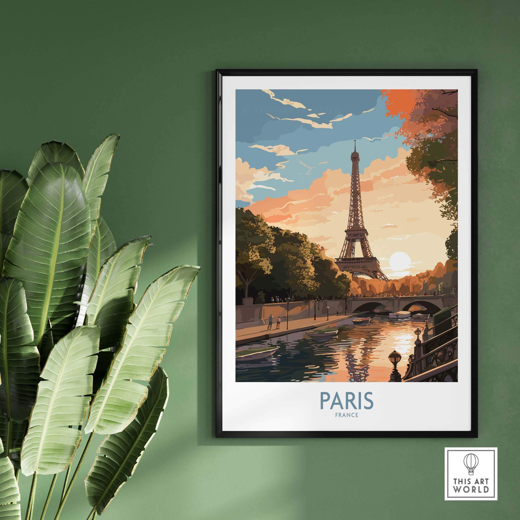 Paris art print featuring the Eiffel Tower at sunset, framed against a green wall, ideal for home decor.
