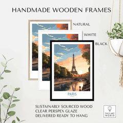 Handmade wooden frames in natural, white, and black for Paris art prints, sustainably sourced and ready to hang.