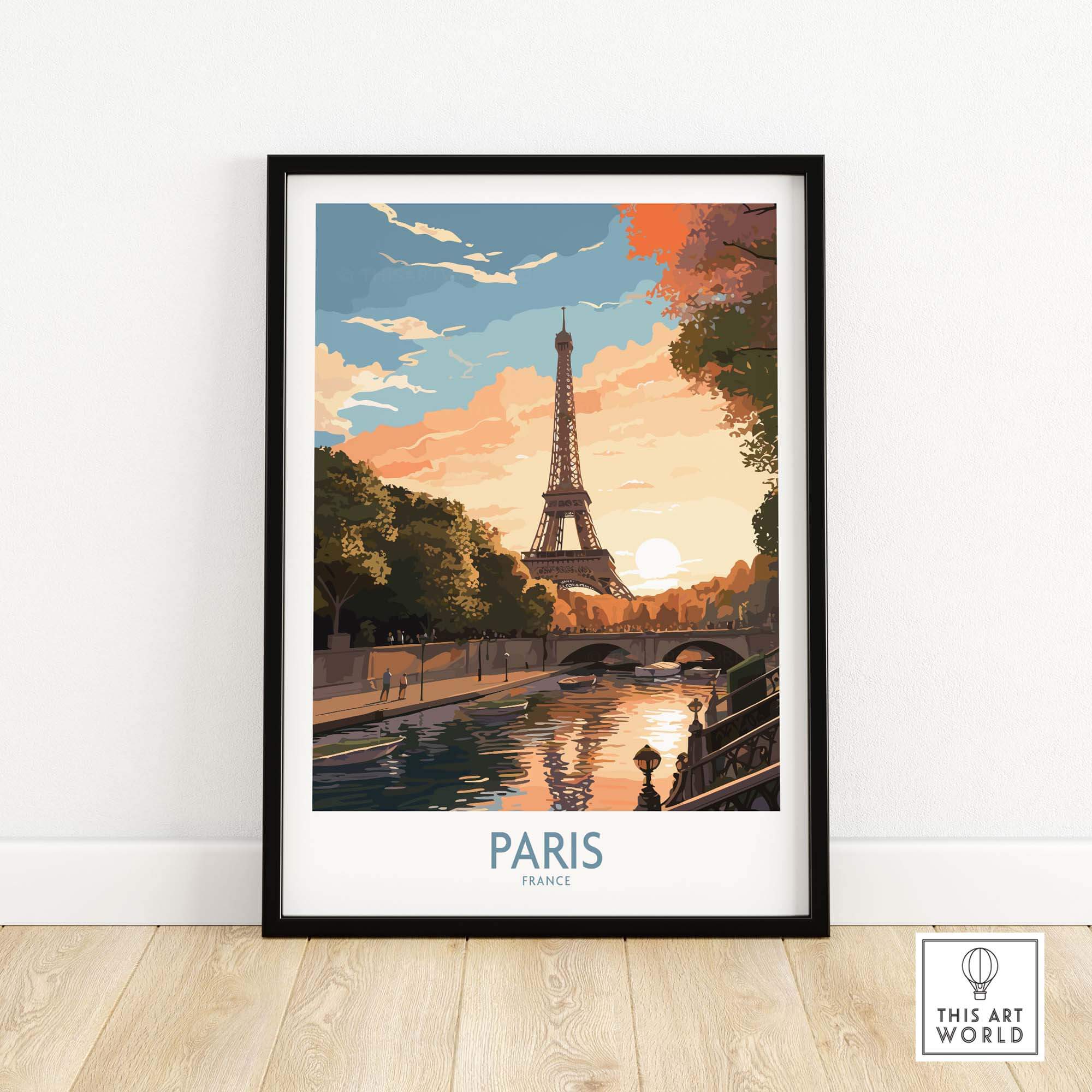 Framed Paris art print showcasing the Eiffel Tower at sunset, vibrant colors, perfect for home decor.