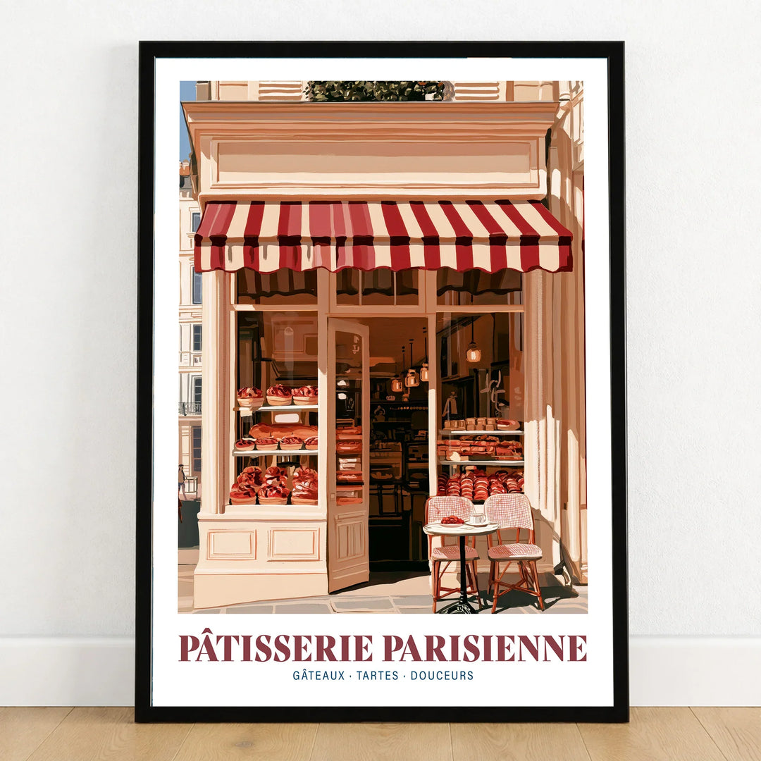 Paris Patisserie French Bakery Wall Art - art print in black frame on wooden floor