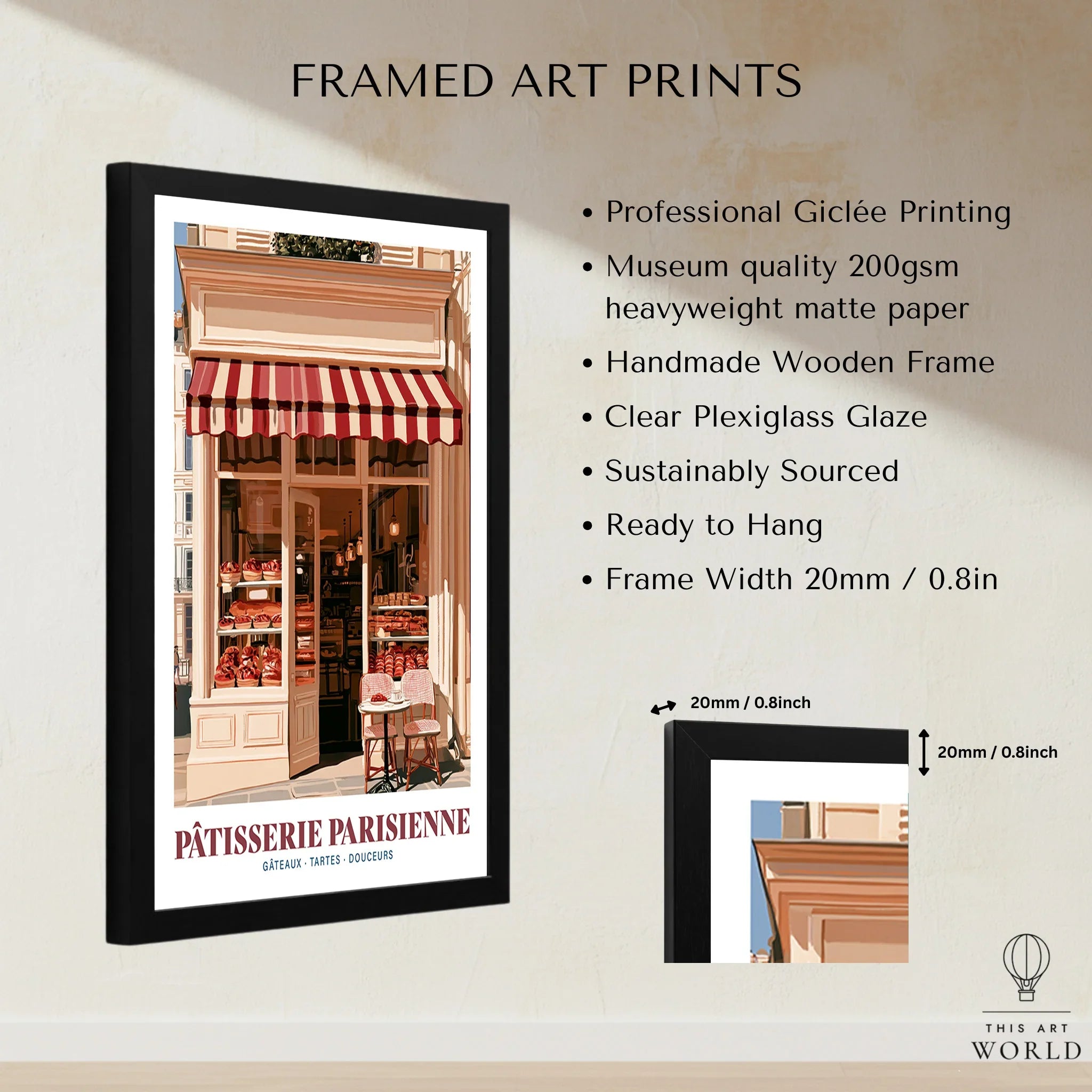 Paris Patisserie French Bakery Wall Art - framed print details measurements quality details