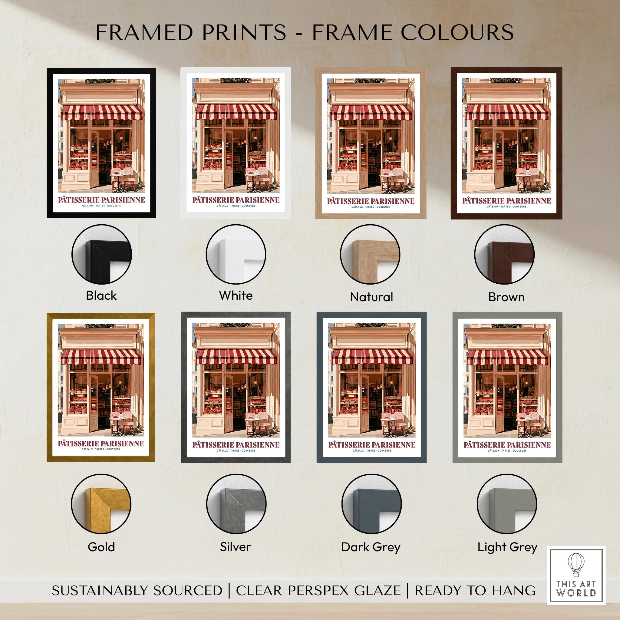 Paris Patisserie French Bakery Wall Art - framed print colour options