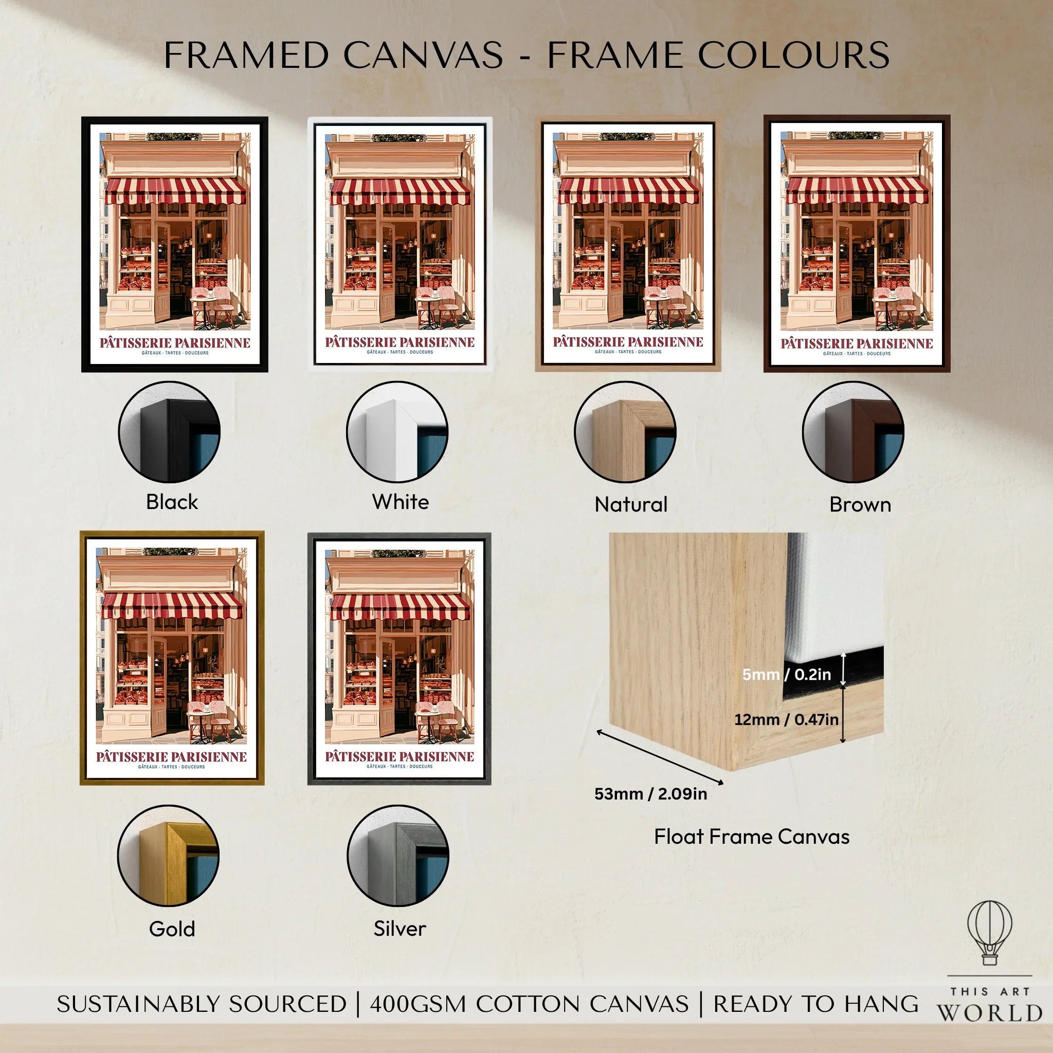 Paris Patisserie French Bakery Wall Art - framed canvas float frame colour options