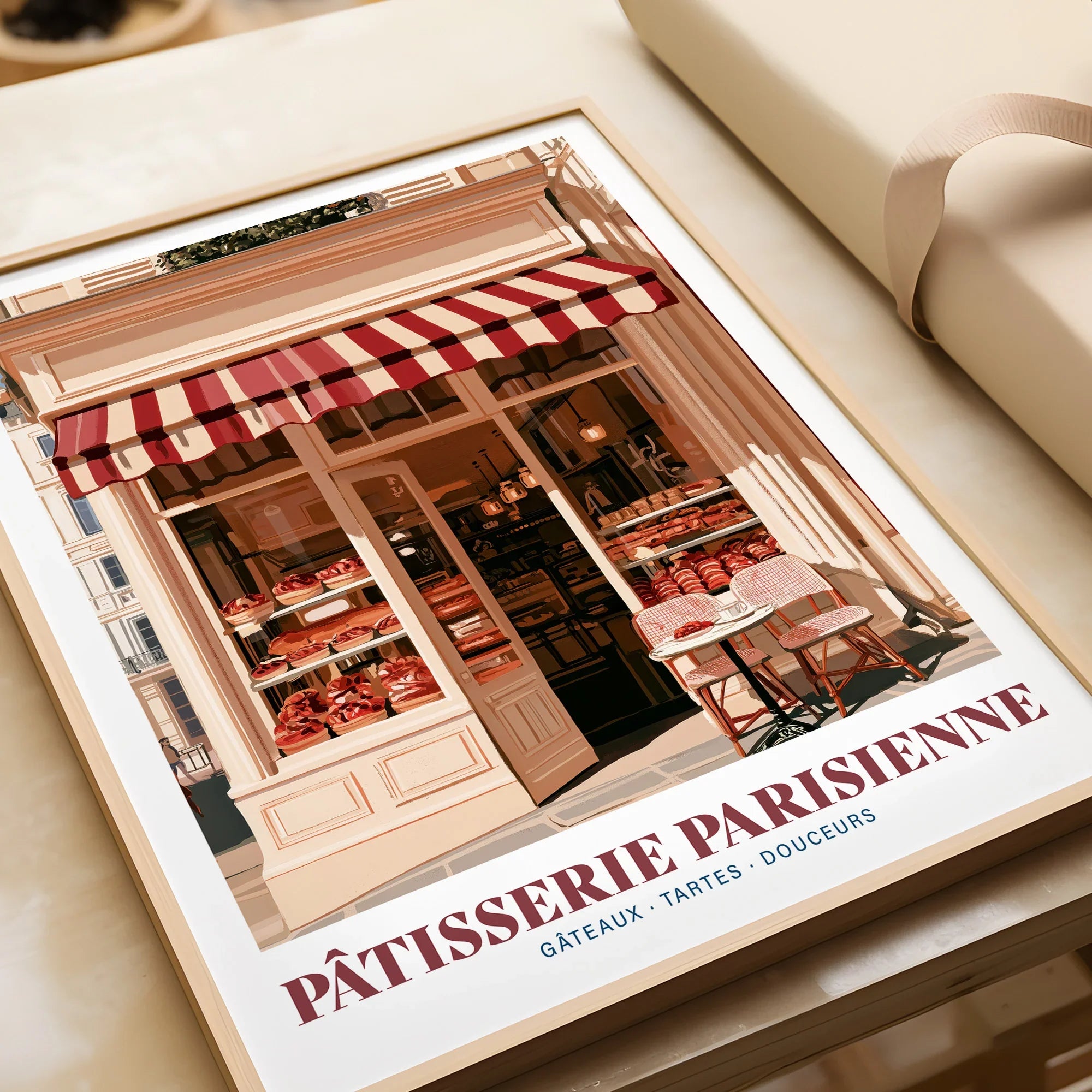 Paris Patisserie French Bakery Wall Art - framed art print closeup gift unwrapped natural frame