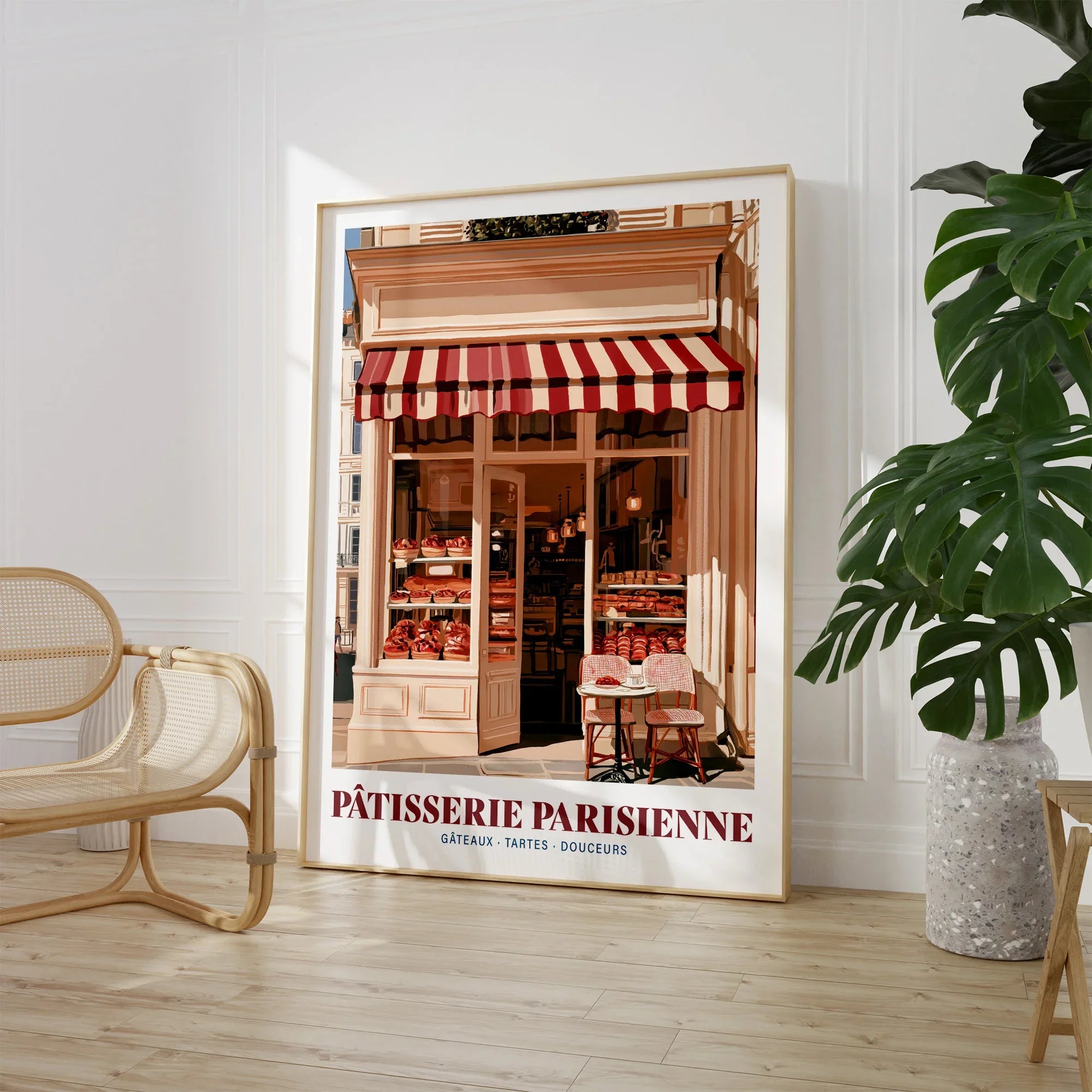 Paris Patisserie French Bakery Wall Art - large framed print room setting chair plant