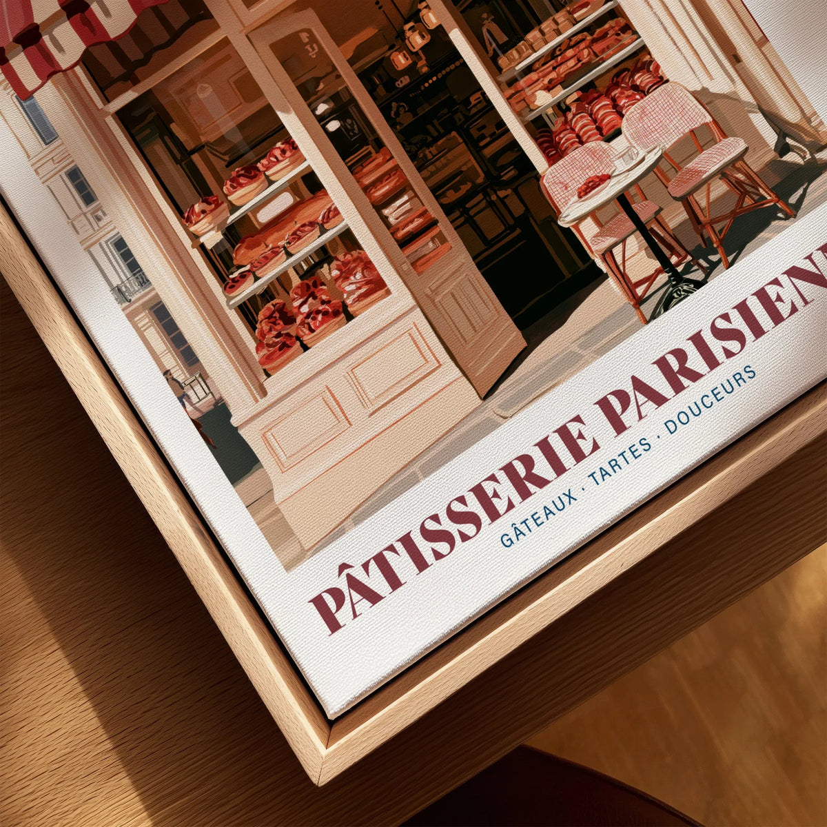 Paris Patisserie French Bakery Wall Art - closeup framed canvas natural wood floating frame