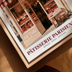 Paris Patisserie French Bakery Wall Art - closeup framed canvas natural wood floating frame