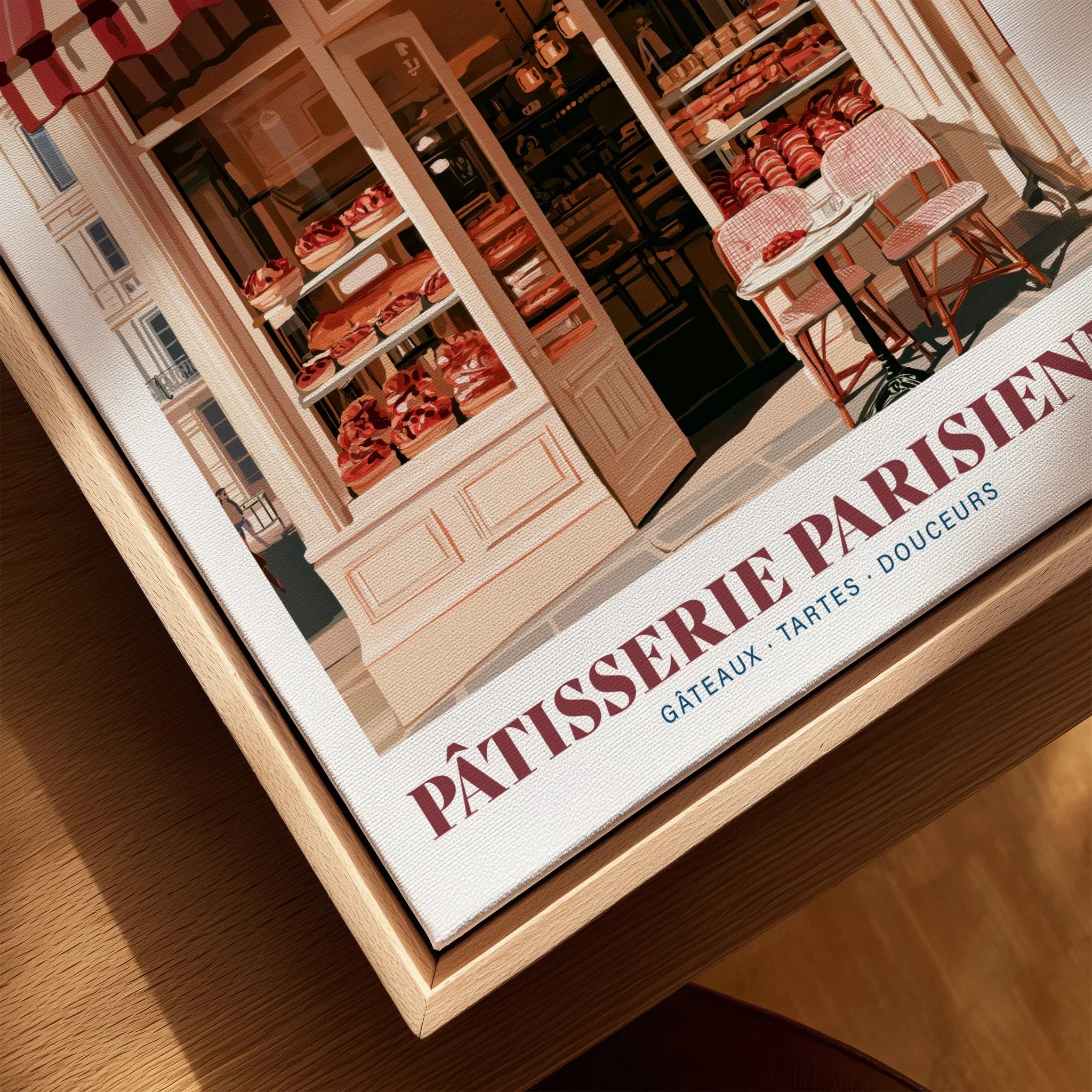 Paris Patisserie French Bakery Wall Art - closeup framed canvas natural wood floating frame