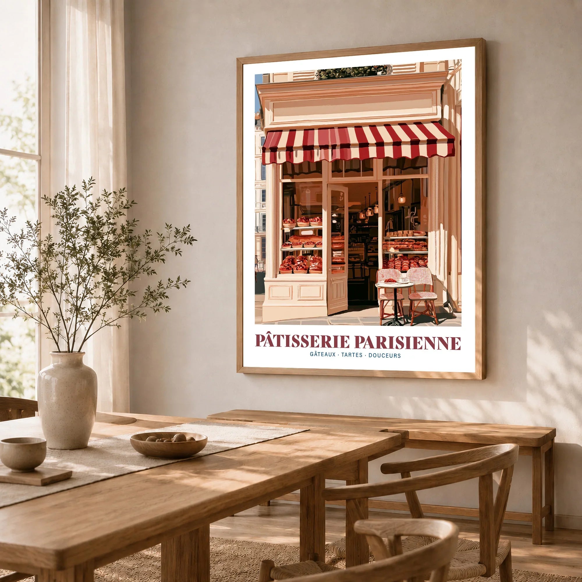 Paris Patisserie French Bakery Wall Art - dining room framed print natural wood frame mockup ThisArtWorld