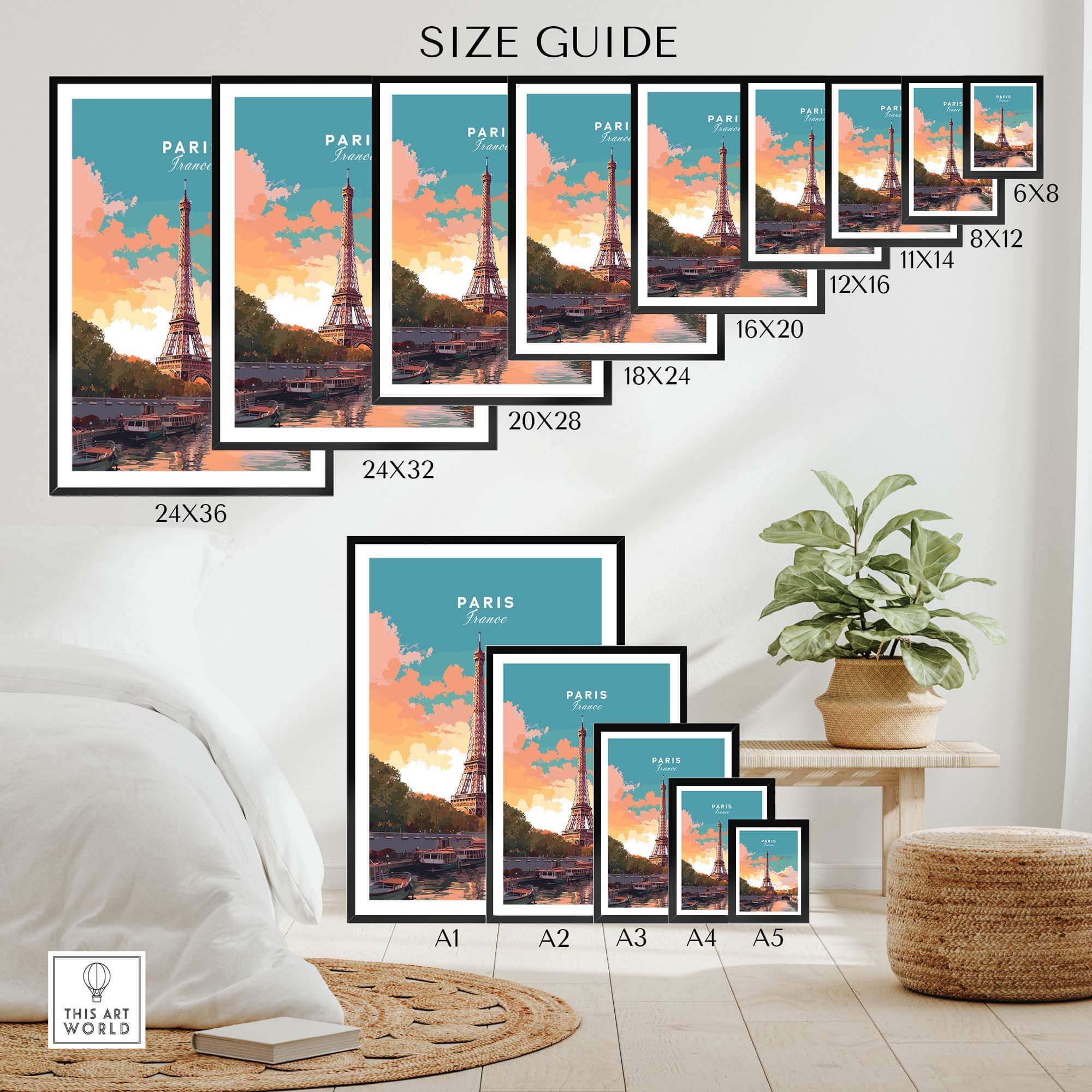 Size guide for Paris poster featuring the Eiffel Tower in various frame sizes, displayed in a cozy living space.