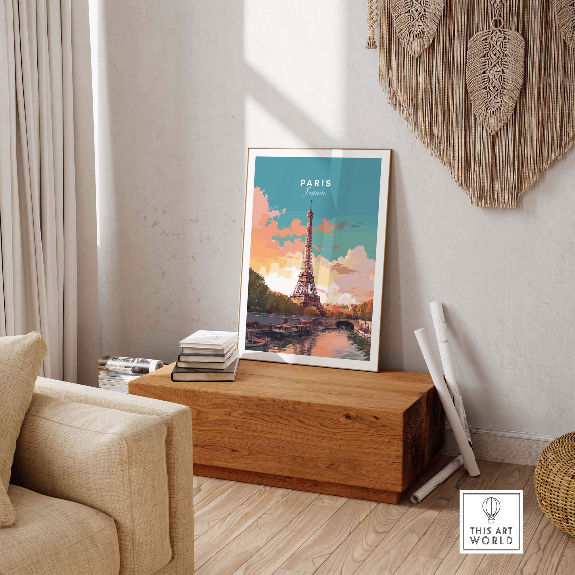 Paris poster featuring the Eiffel Tower, displayed in a stylish living room setting with natural light.
