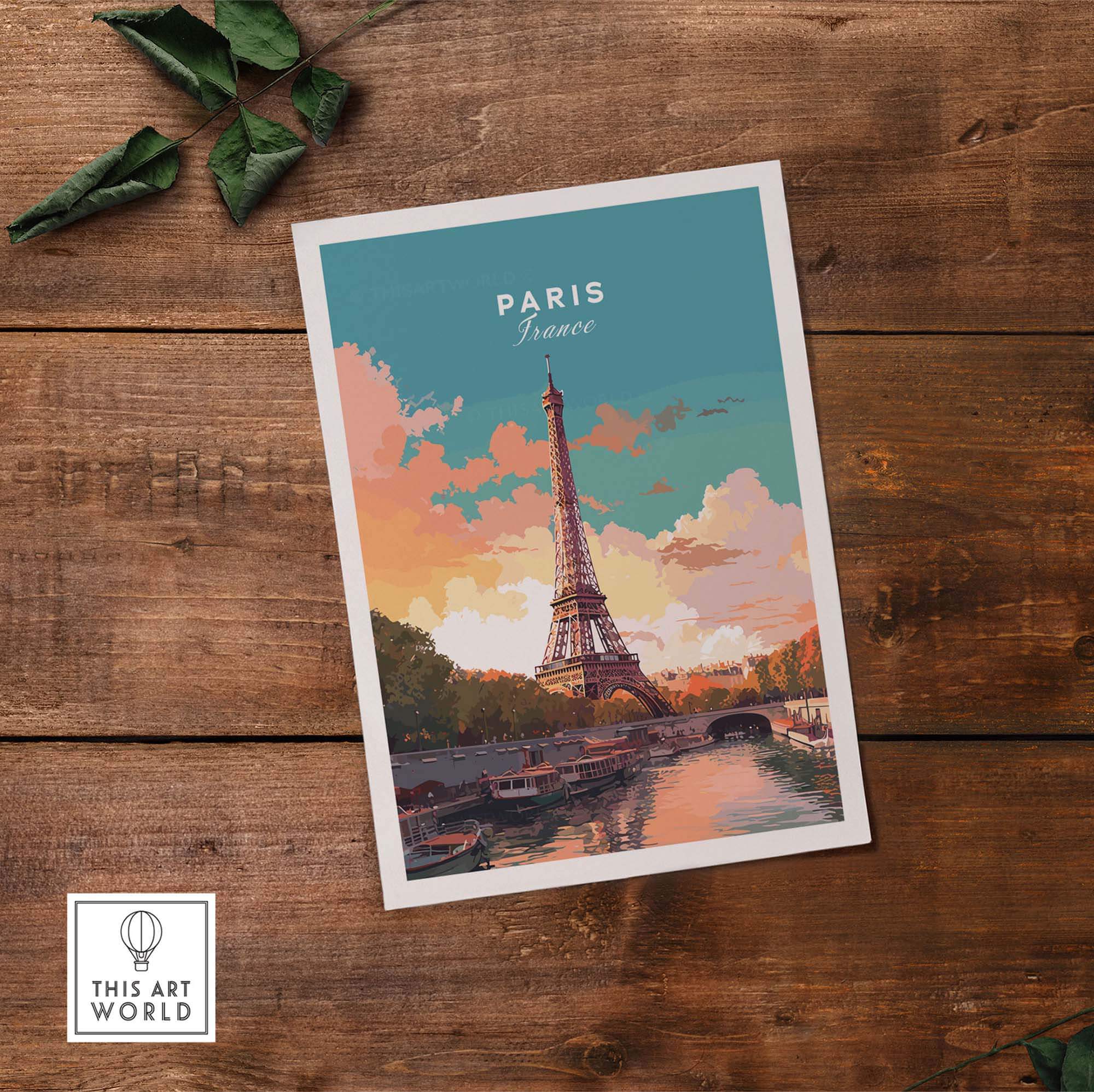 Paris poster featuring the Eiffel Tower against a colorful sunset, perfect for home decor.