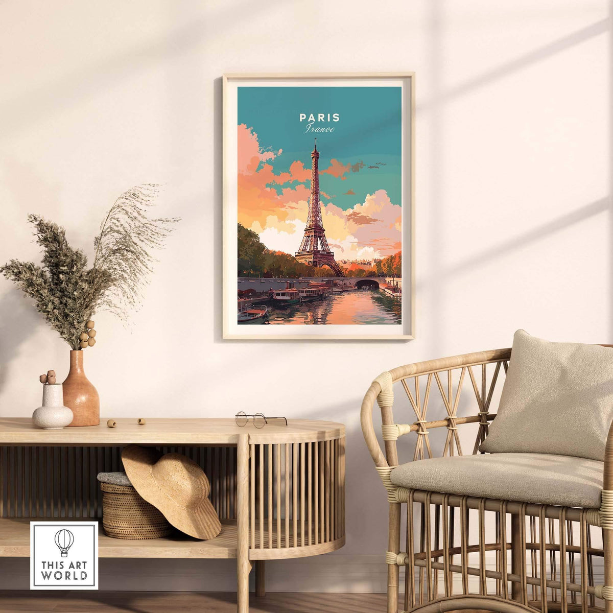 Paris poster featuring the Eiffel Tower in a stylish living room setup with contemporary decor.