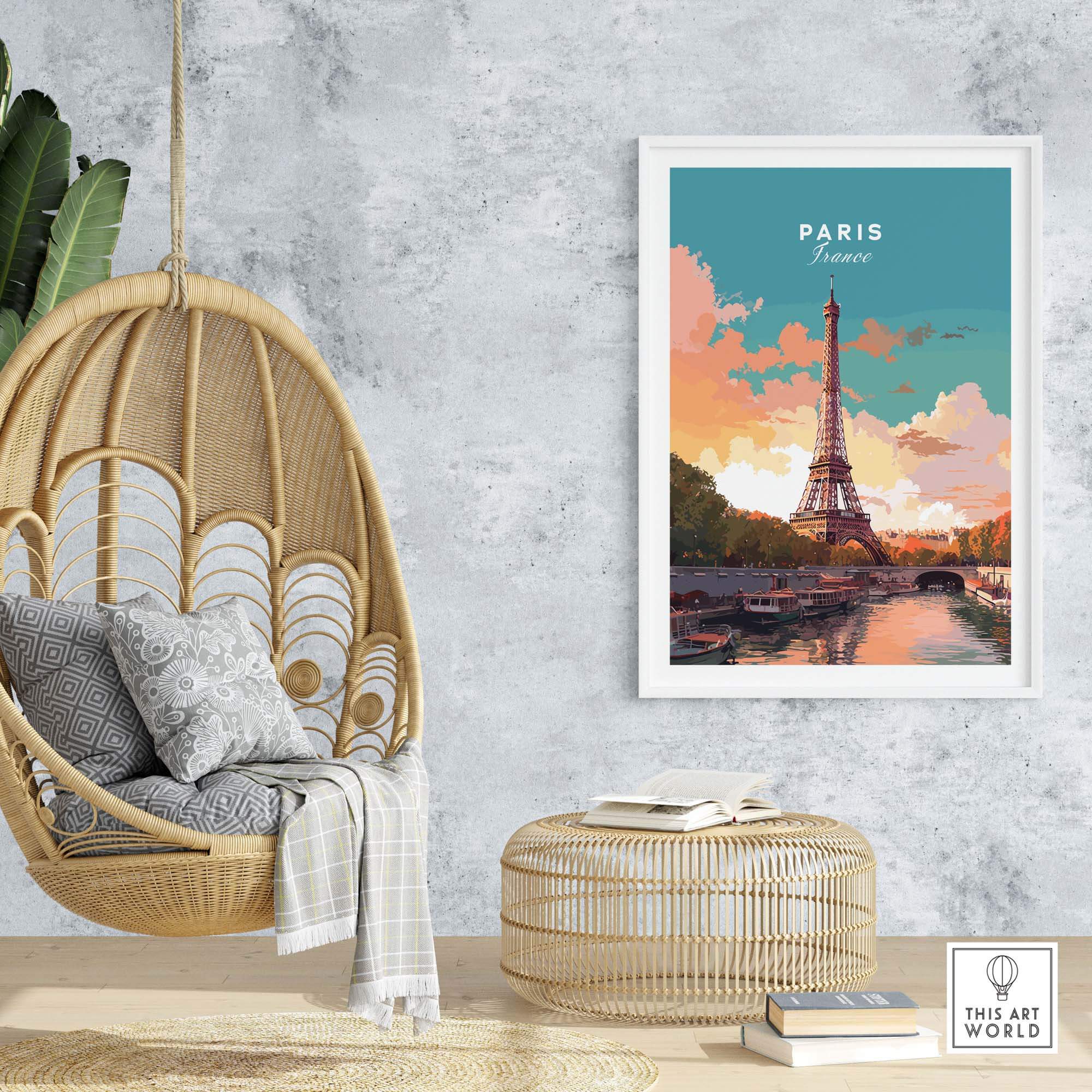 Paris poster featuring the Eiffel Tower, framed in a cozy living space with a hanging chair and stylish decor.