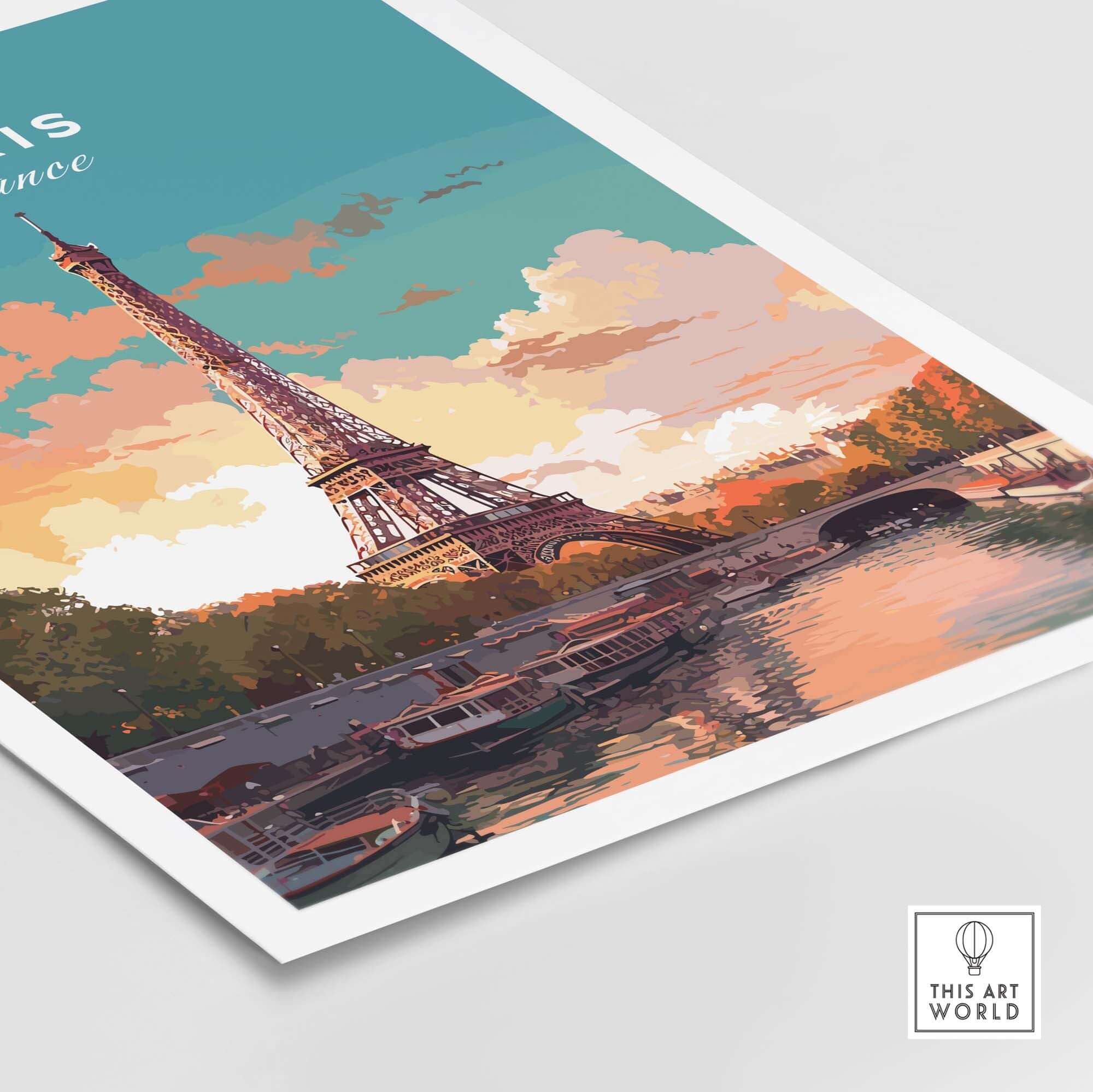 Paris poster featuring the Eiffel Tower against a colorful sunset, perfect for home decor and travel lovers.
