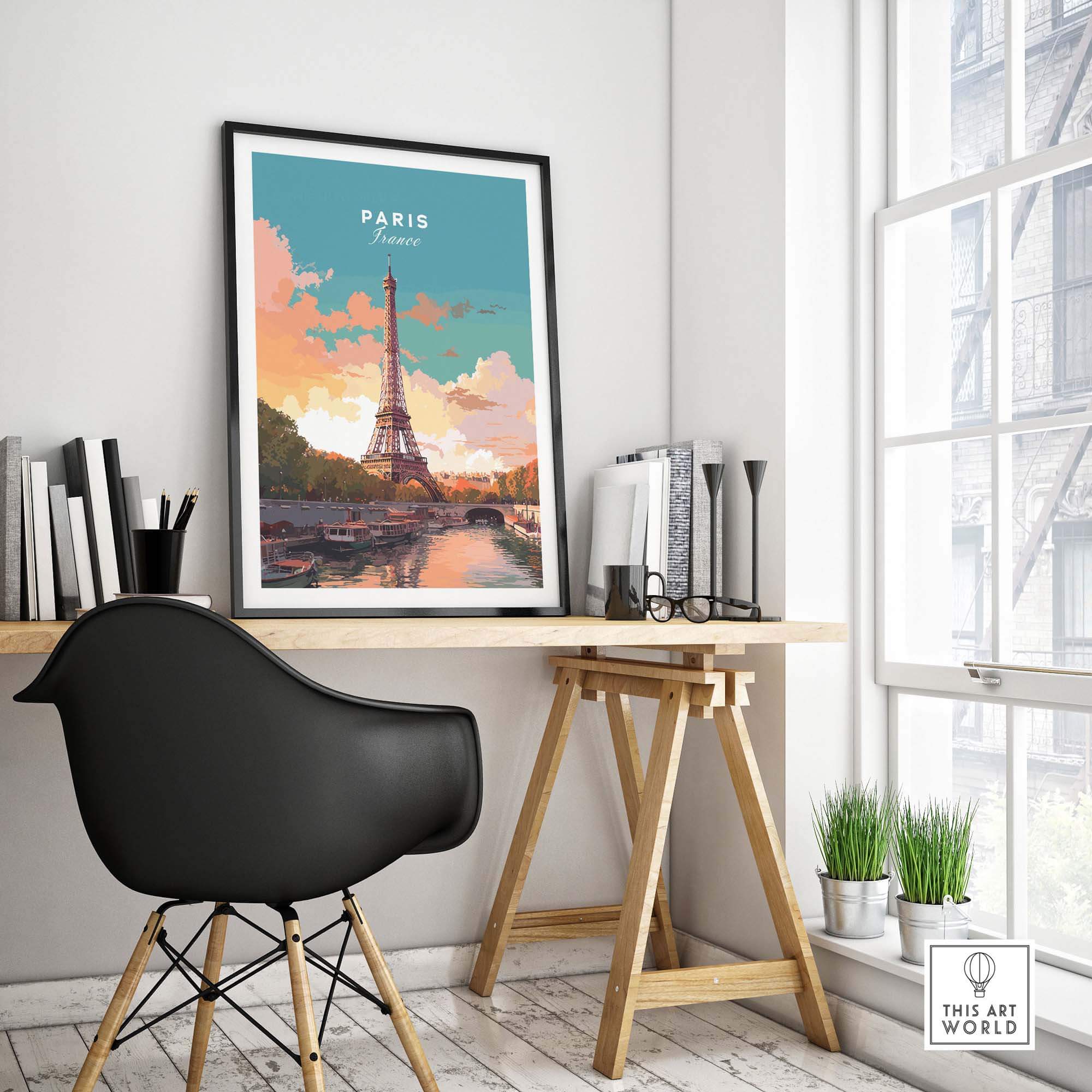 Paris poster featuring the Eiffel Tower in a stylish living space, perfect for decor and France travel inspiration.