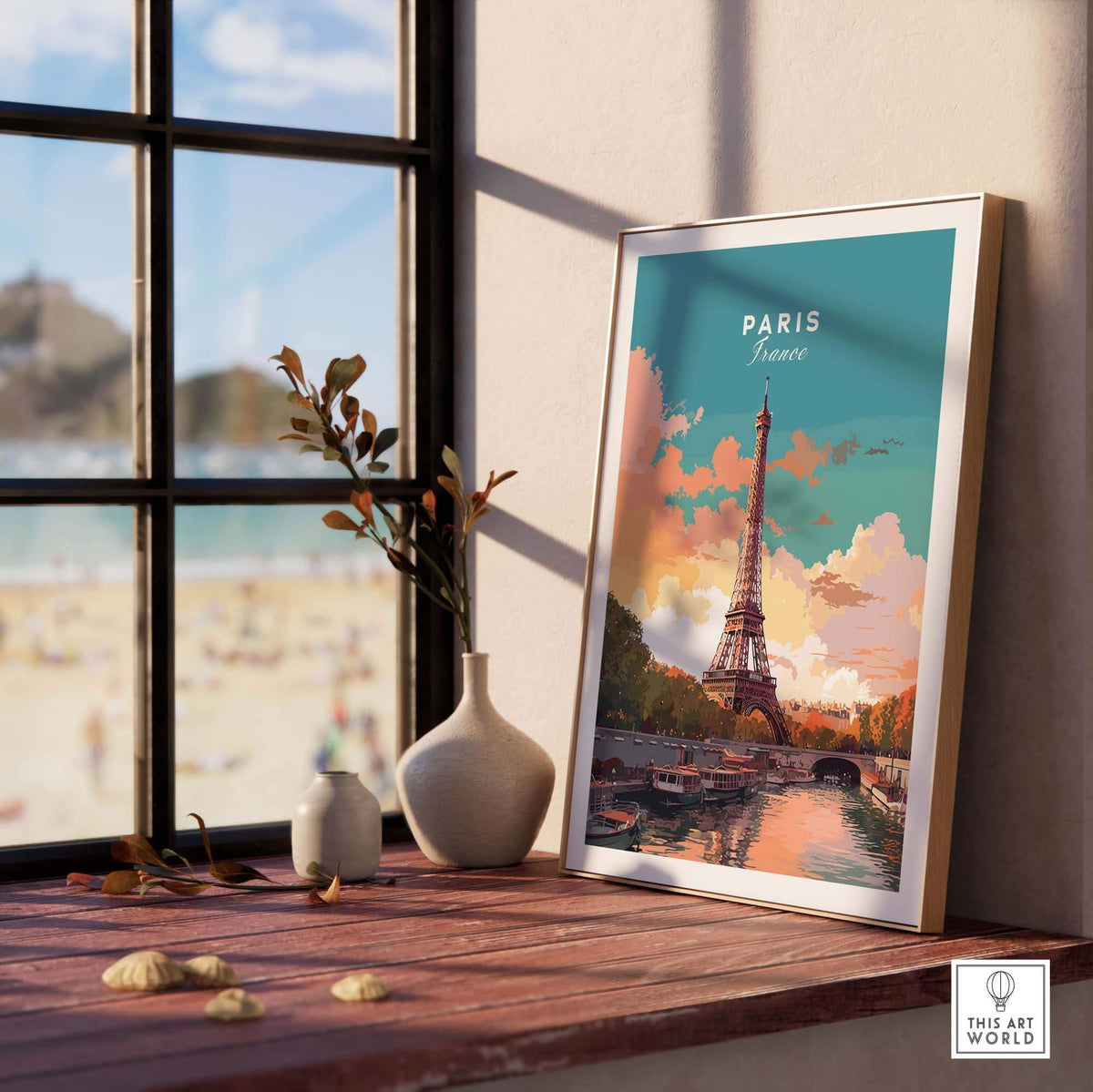 Framed Paris poster featuring the Eiffel Tower on a sunny windowsill, enhancing home decor with a French aesthetic.