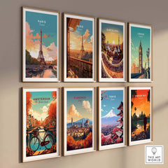 Gallery wall of travel posters featuring iconic landmarks like the Eiffel Tower, Barcelona, London, and more.