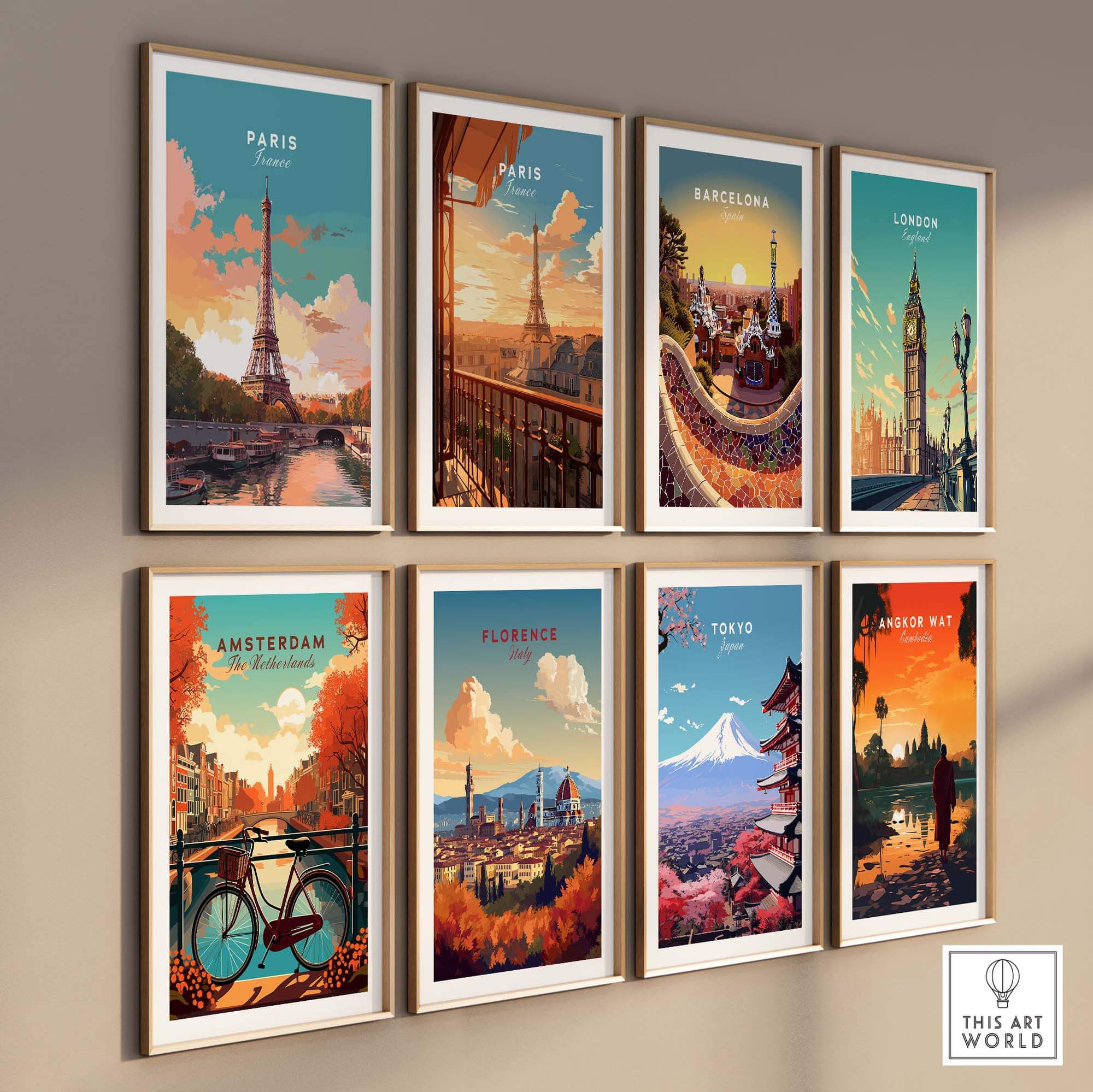 Gallery wall of travel posters featuring iconic landmarks like the Eiffel Tower, Barcelona, London, and more.