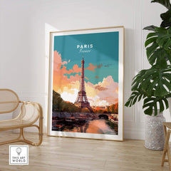 Paris poster featuring the Eiffel Tower, vibrant colors, and scenic river view, perfect for home decor.