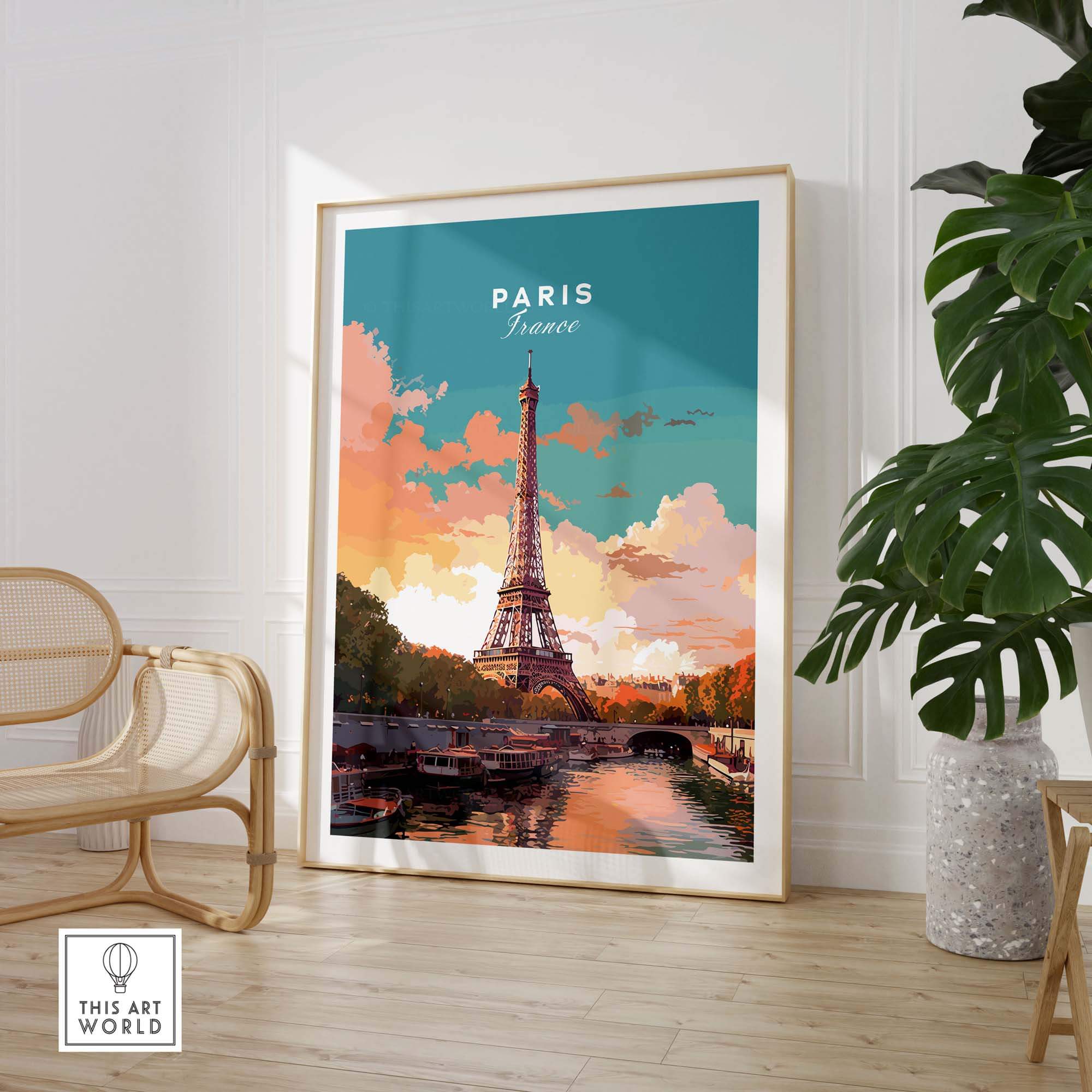 Paris poster featuring the Eiffel Tower, vibrant colors, and scenic river view, perfect for home decor.