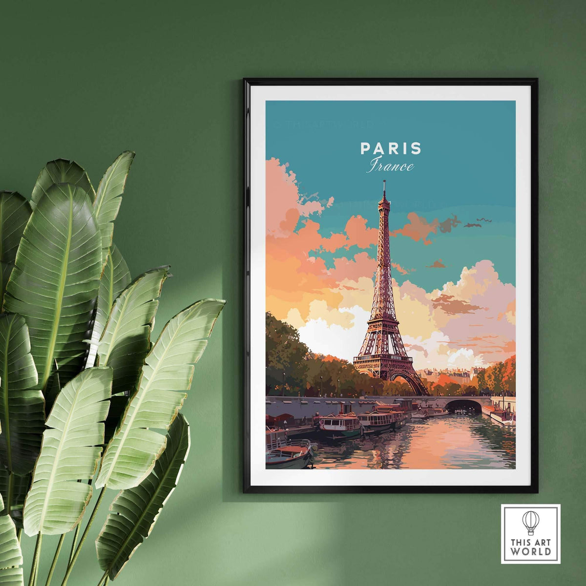 Paris poster featuring the Eiffel Tower against a colorful sunset, perfect for home decor and travel inspiration.
