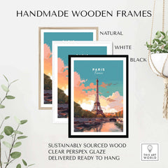 Handmade wooden frames in natural, white, and black for Paris poster with Eiffel Tower, ready to hang. Sustainable and stylish decor.
