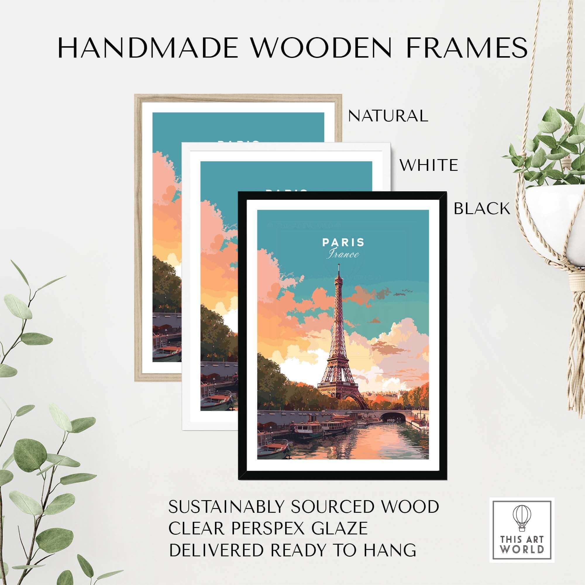 Handmade wooden frames in natural, white, and black for Paris poster with Eiffel Tower, ready to hang. Sustainable and stylish decor.