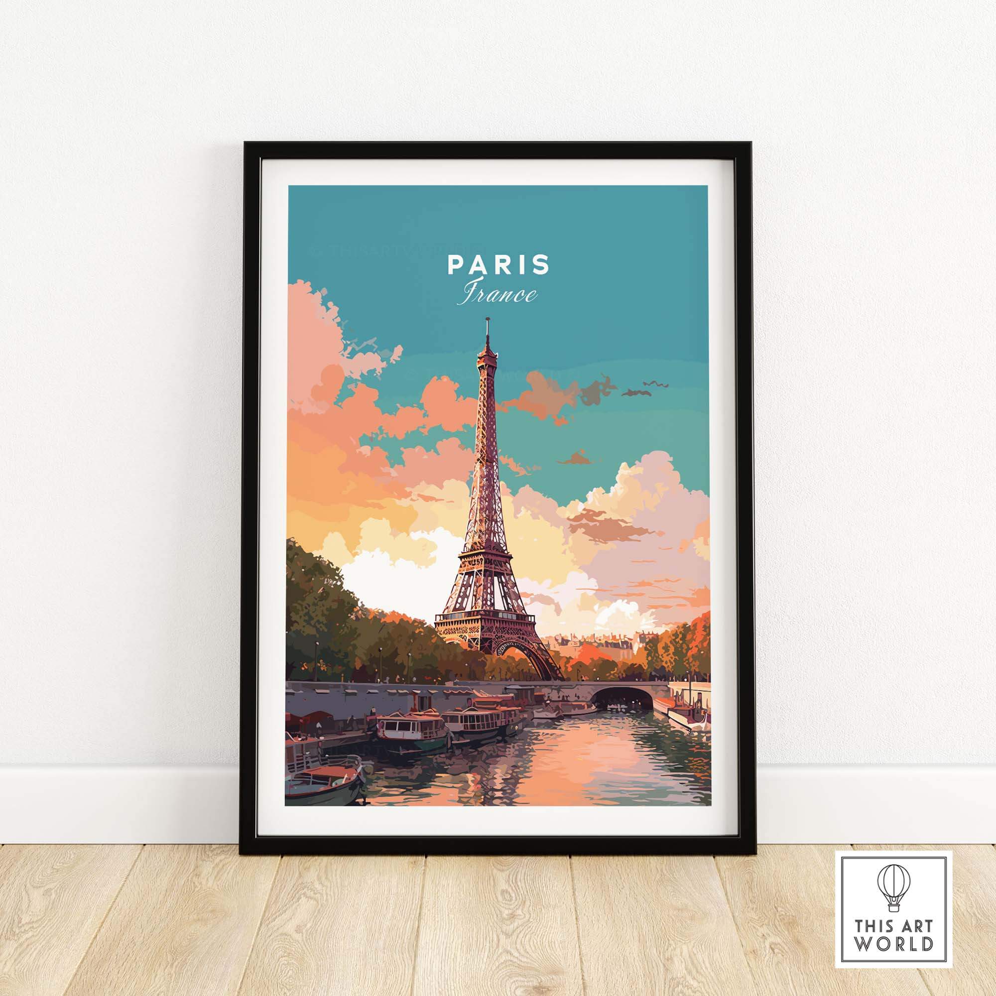 Paris poster featuring the Eiffel Tower with vibrant colors, perfect for home decor and France travel inspiration.