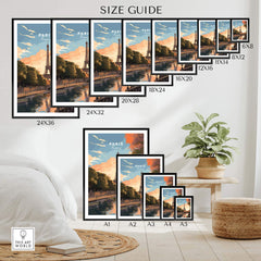 Size guide for Paris Print showcasing various framed sizes of Eiffel Tower artwork in sunset over a river, ideal for decor.