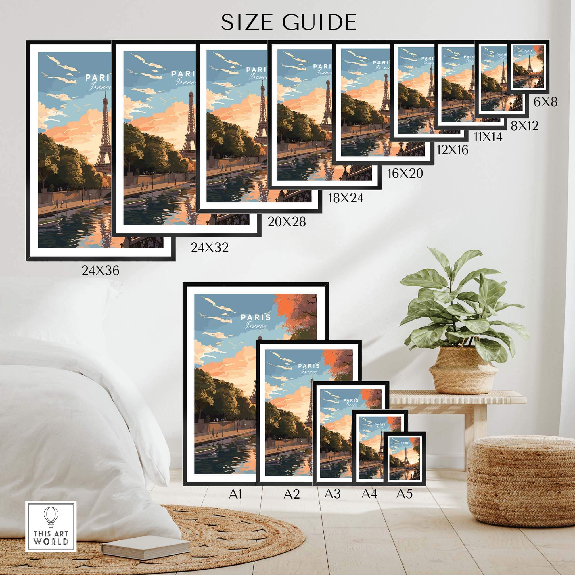 Size guide for Paris Print showcasing various framed sizes of Eiffel Tower artwork in sunset over a river, ideal for decor.