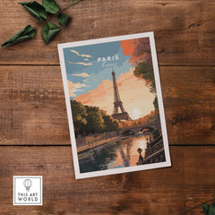 Paris print featuring the Eiffel Tower at sunset, capturing the romance of France, perfect for travel enthusiasts and gifts.