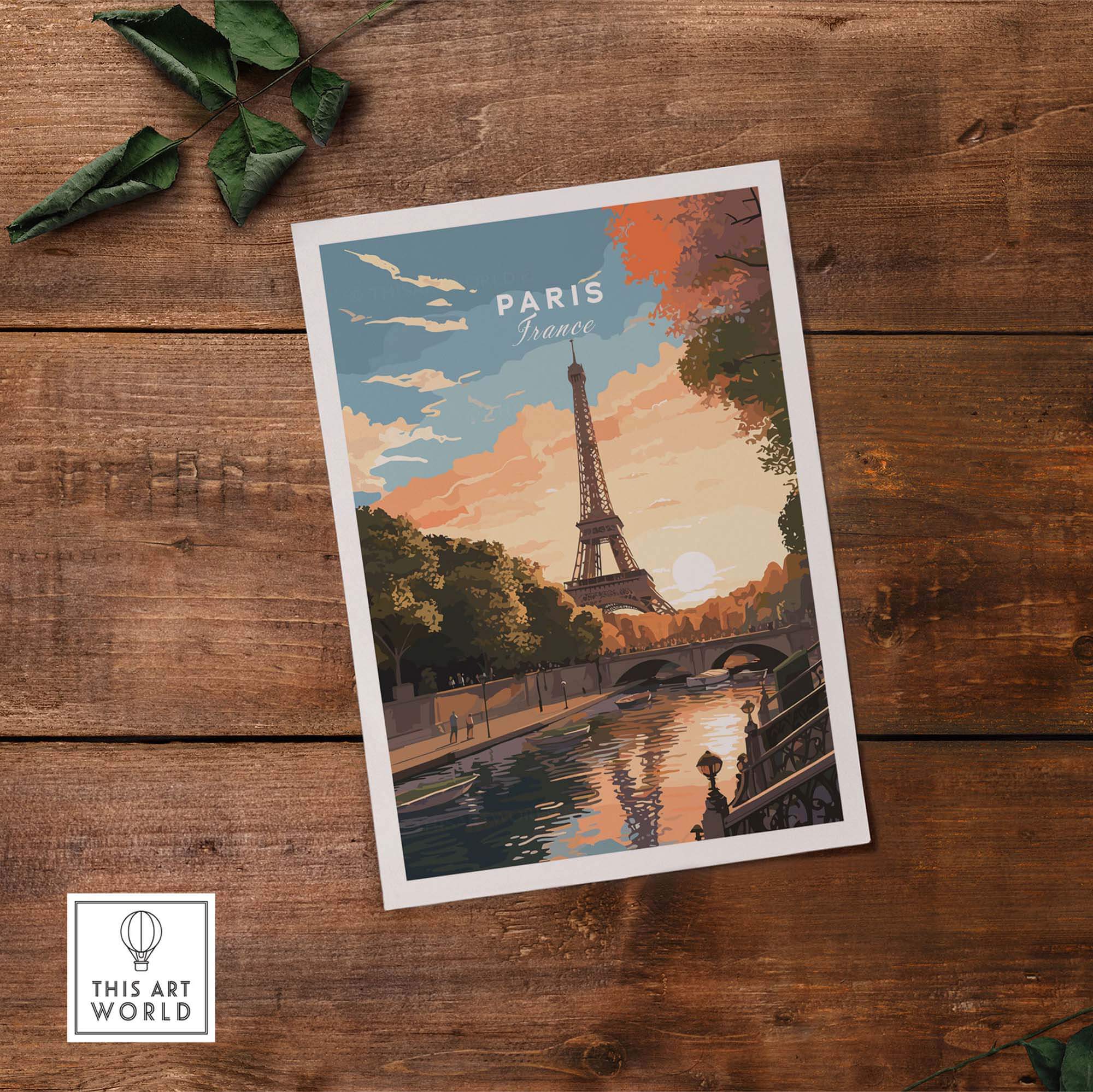 Paris print featuring the Eiffel Tower at sunset, capturing the romance of France, perfect for travel enthusiasts and gifts.