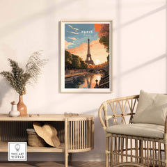 Paris Print featuring the Eiffel Tower at sunset, showcasing a romantic France travel poster in a stylish interior setting.