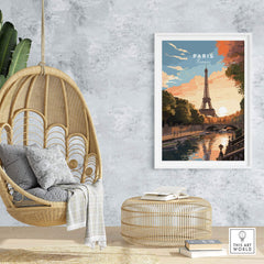 Paris Print featuring the Eiffel Tower at sunset, perfect for home decor and France travel enthusiasts.