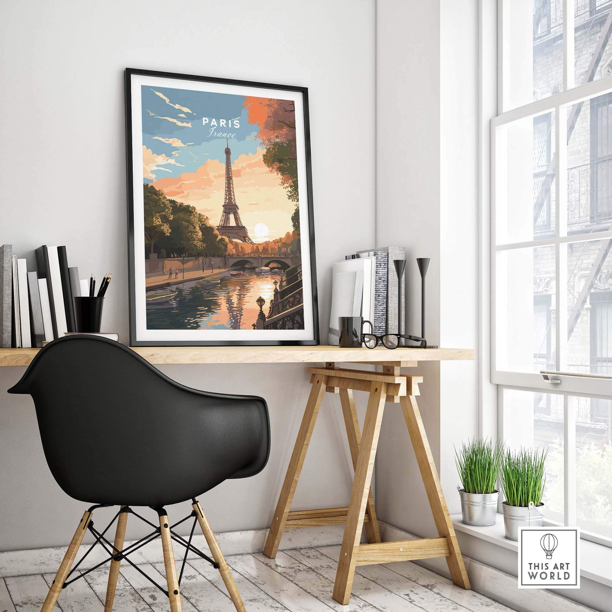 Paris Print featuring the Eiffel Tower at sunset, displayed in a cozy home office setting. Perfect for France lovers and decor enthusiasts.